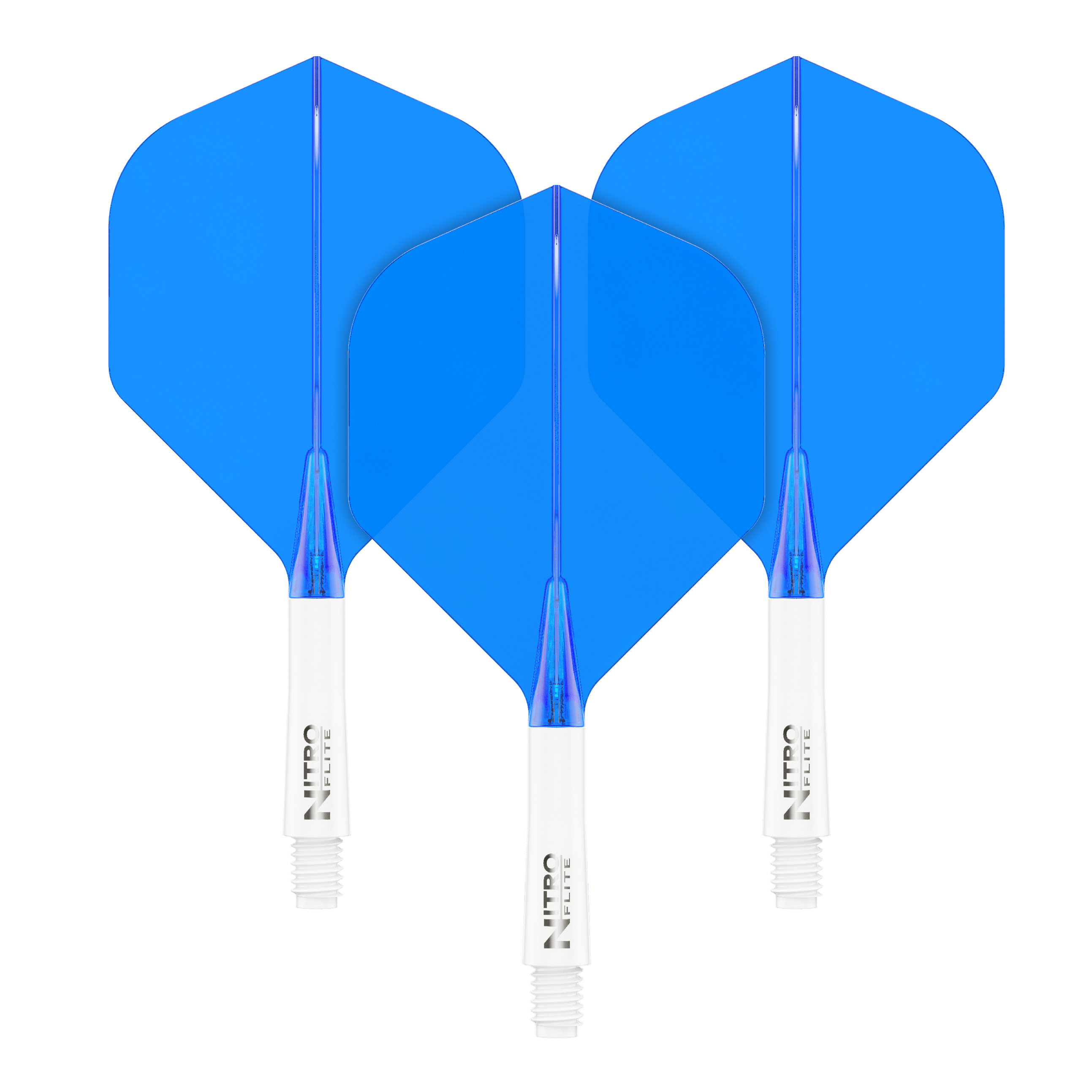 Red Dragon Nitroflite - Tige blanche Ailettes bleues n°2 Auf dem Bild sind drei blaue Dart-Flights mit weißen Schäften zu sehen. Sie stehen nebeneinander und haben die gleiche Größe und Form.
