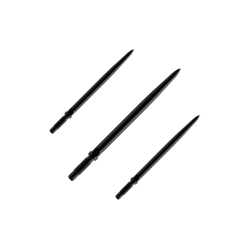 Pointes de fléchettes convertibles Bulls NL - Lisses - Noires Das Bild zeigt einen Artikel mit dem Namen BU57700_BullsNL_Convertible_Points_Smooth_Schwarz_32mm_1Set. Es handelt sich vermutlich um einen Satz schwarzer, glatter Dartspitzen mit einer Länge von 32 mm.