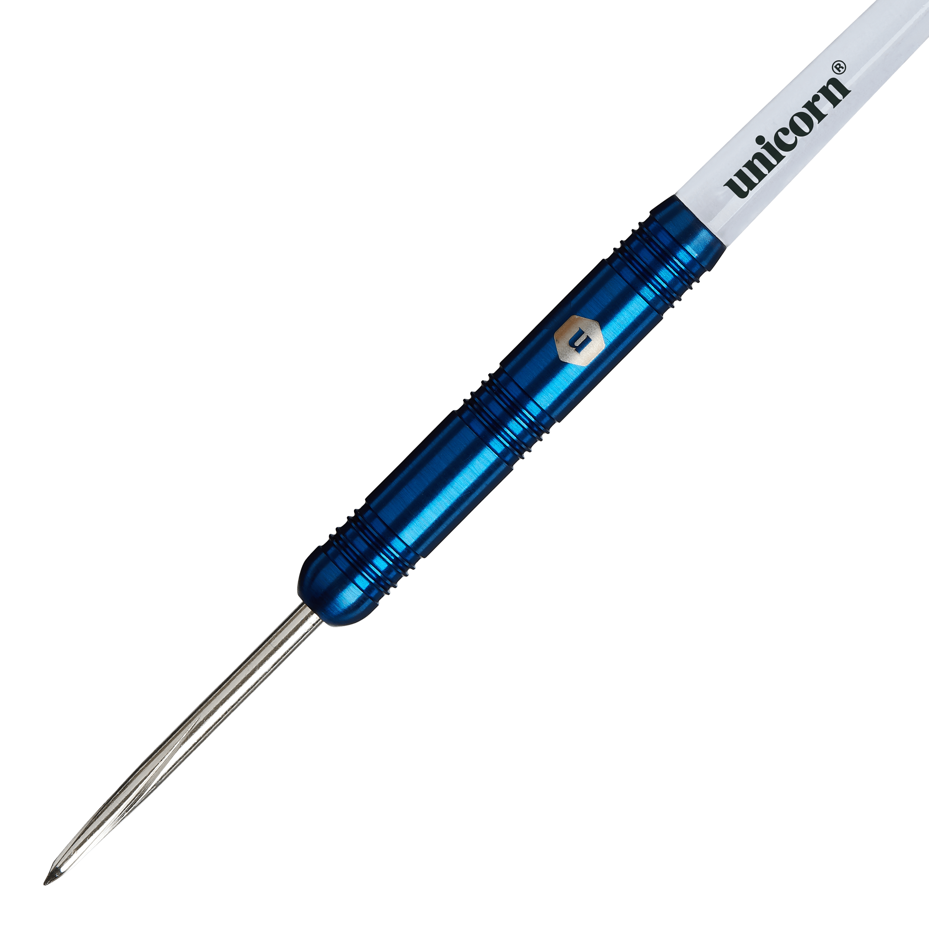 Fléchettes en acier parallèles Unicorn Prodigy 01 Auf dem Bild ist ein Steeldart der Marke „Unicorn Prodigy 01 Parallel“ zu sehen. Der Dart hat einen blauen Metallkörper und einen weißen Schaft mit dem Schriftzug „unicorn“.