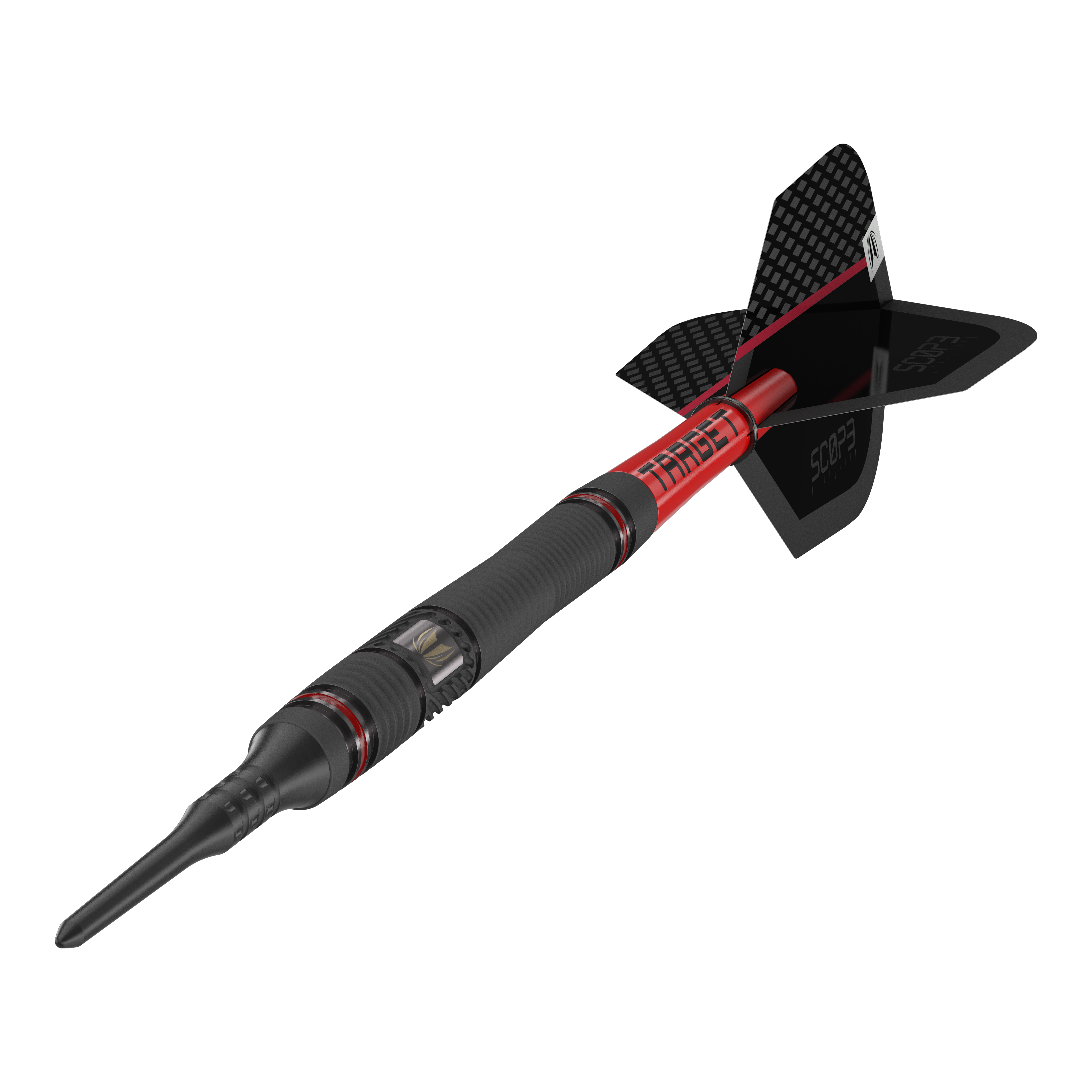 Target Scope 11 fléchettes souples Das Bild zeigt einen Target Scope 11 Softdart mit schwarzem und rotem Design. Der Dartpfeil hat eine schwarze Spitze und eine schwarze Flight-Fläche mit Schriftzug.