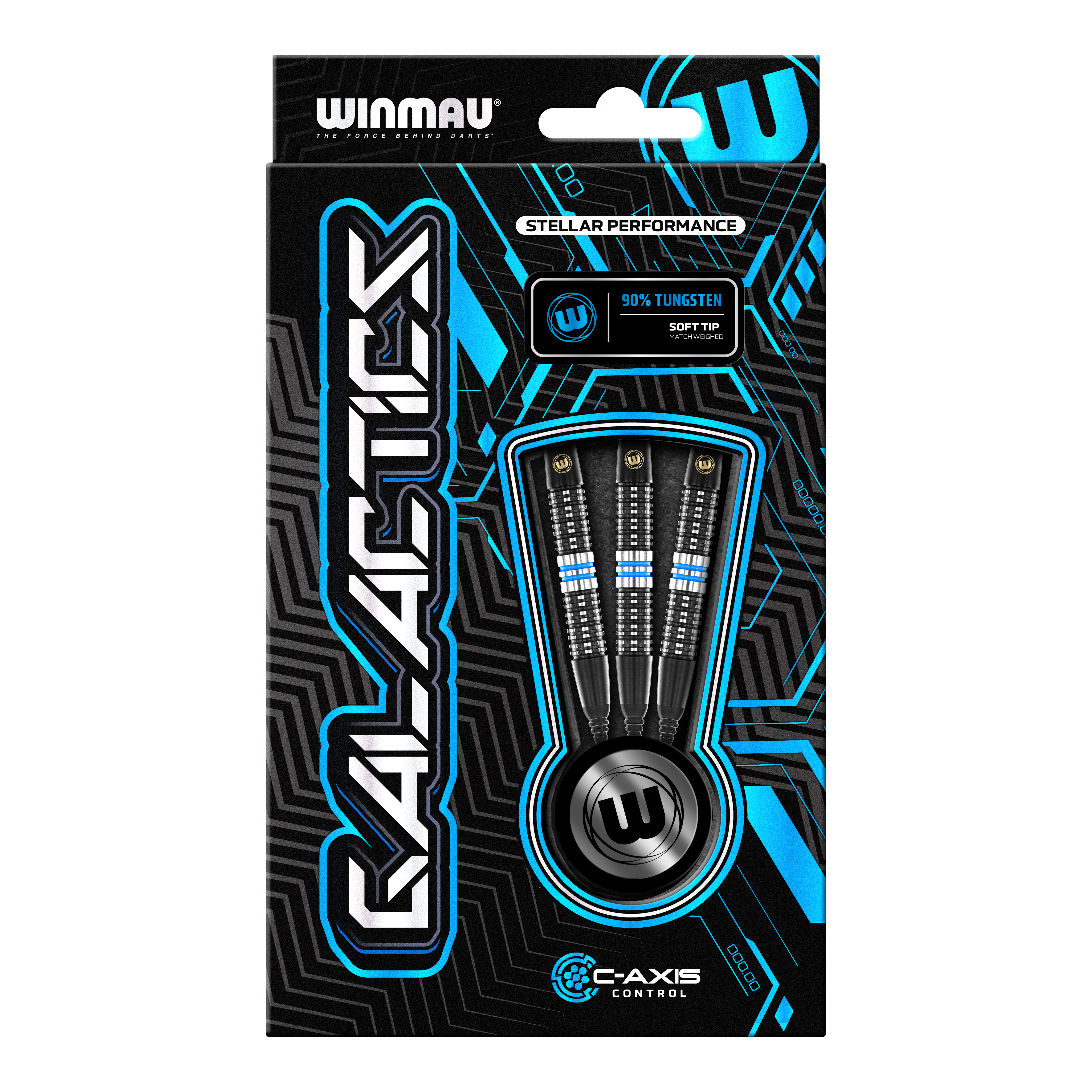 Fléchettes souples Winmau Galactics - 20 g Die Abbildung zeigt eine Verpackung der "Winmau Galactics Softdarts - 20g". Das Design ist modern und hebt die wichtigsten Merkmale wie 90% Tungsten und Soft Tip hervor.