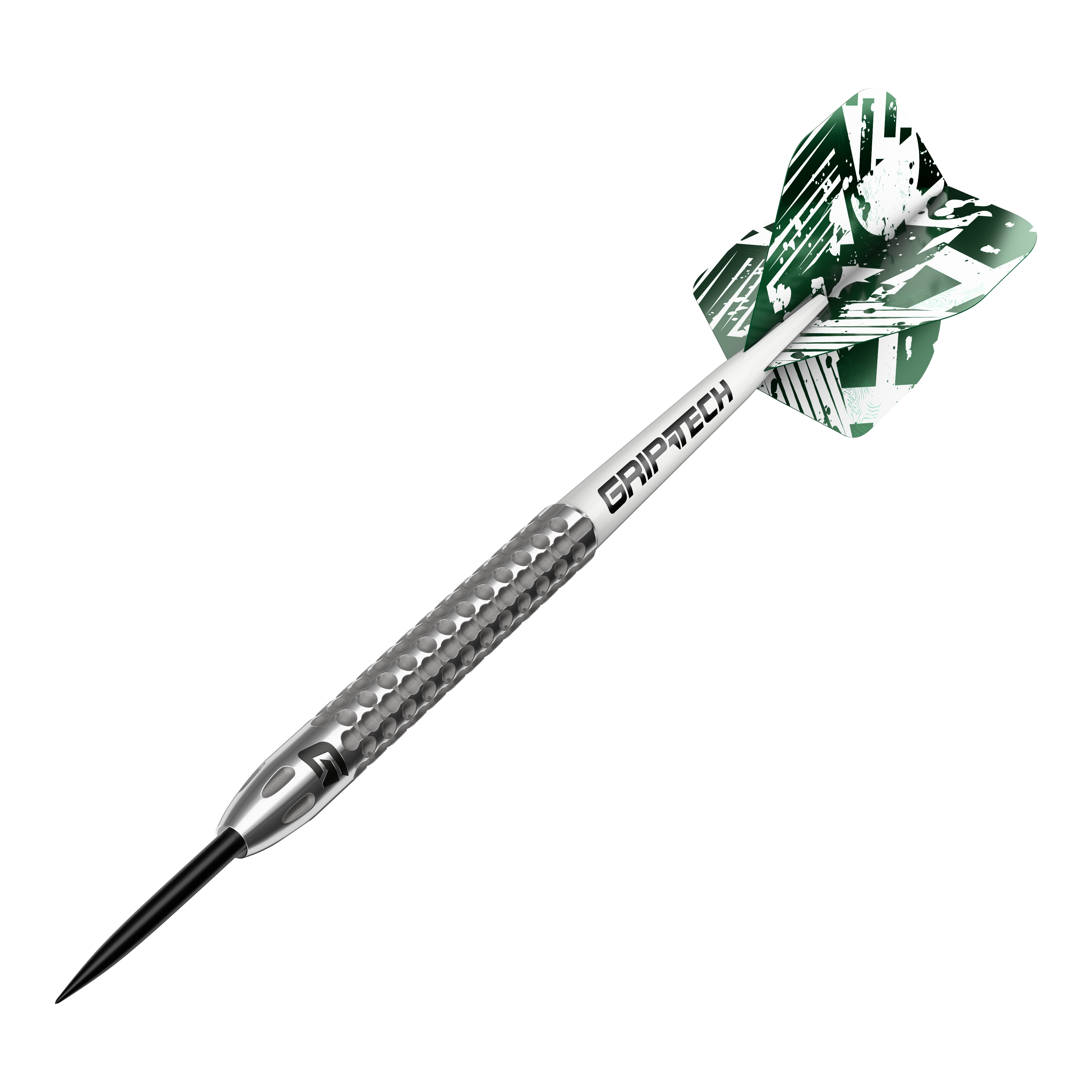 Fléchettes GOAT Fairway V2 en acier tungstène Das Bild zeigt einen GOAT Fairway V2 Tungsten Steeldart. Der Dartpfeil hat ein silbernes Griffstück mit strukturierter Oberfläche und grüne Flights mit weißem Muster.