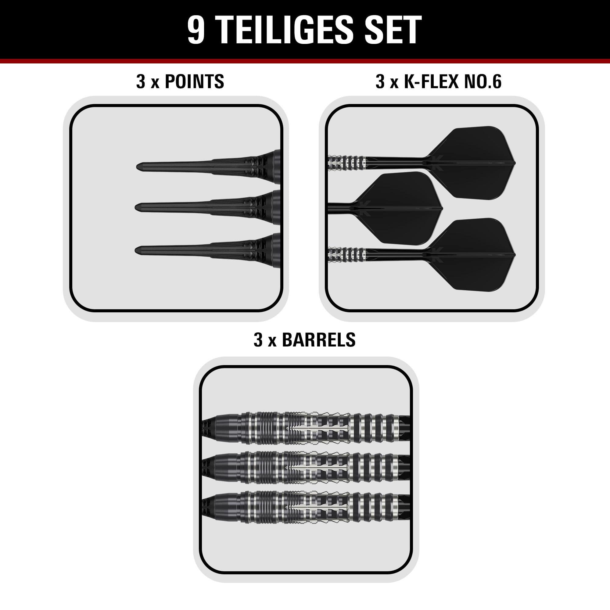 Gezeigt werden die Target Black Marque Blaze Softdarts mit 18g Gewicht. Diese Softdarts sind für ambitionierte Spieler entworfen.