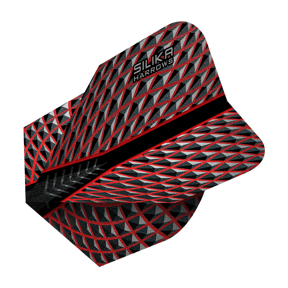 HR80_Harrows_Silika_Red_No6_Flights_2 Das Bild zeigt die Produktflügel „Harrows Silika Red No6 Flights“. Die Flügel haben ein auffälliges Muster in Schwarz, Rot und Silber mit der Aufschrift „Silika Harrows“.