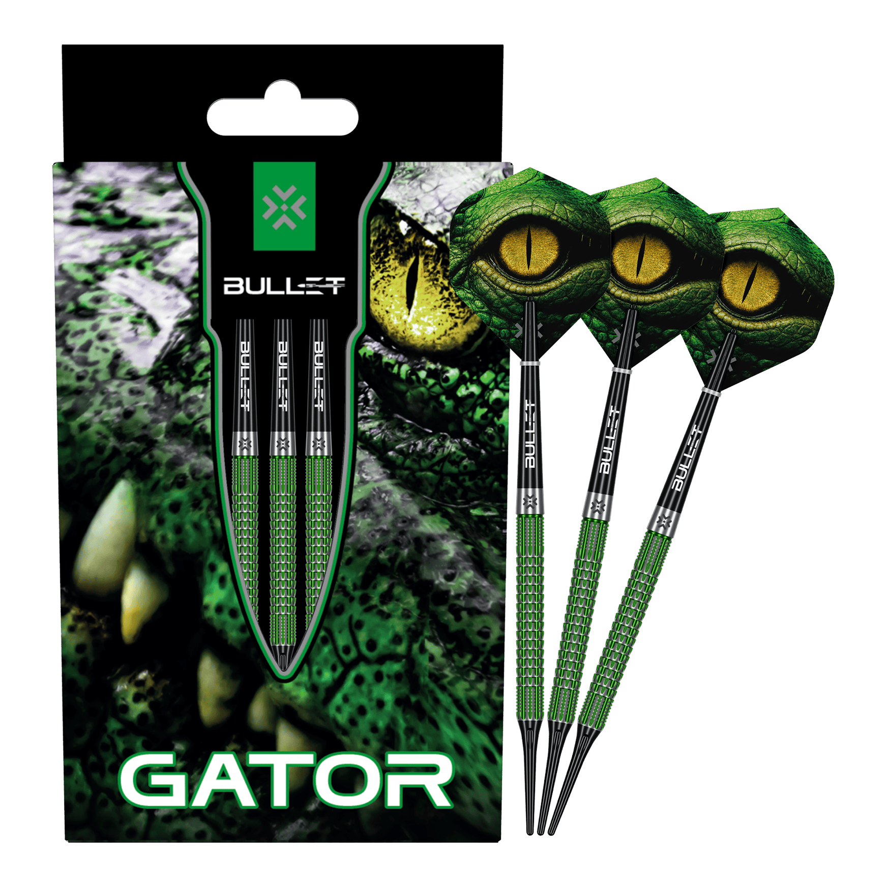 Die Abbildung zeigt das Produkt Bullet Gator Softdarts - 20g. Es handelt sich um ein Set von Softdarts mit einem Gewicht von 20 Gramm.