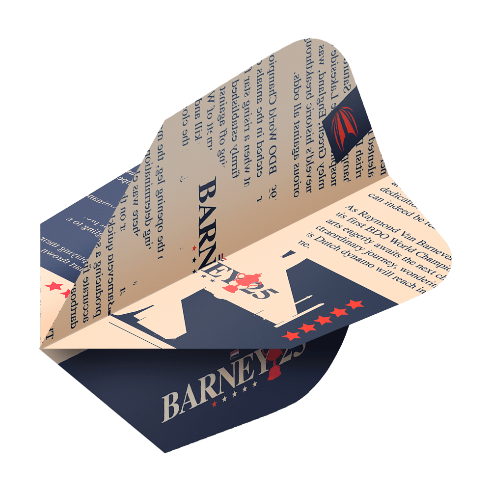 Das Bild zeigt ein Target ProUltra Raymond Van Barneveld Barney25 Ten-X Flight für Darts. Das Flight ist in Beige und Dunkelblau gehalten und mit Text sowie Sternen dekoriert.