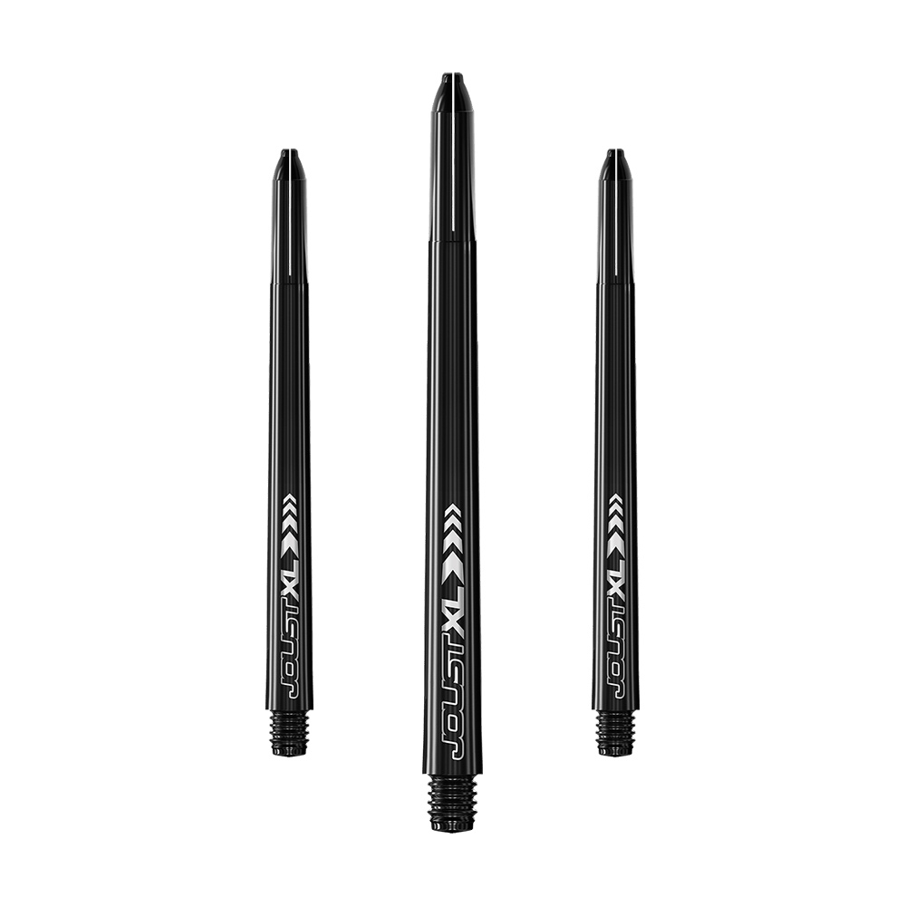 C816_Red_Dragon_Joust_XL_Shafts_Schwarz_65mm_1 Das Bild zeigt drei schwarze Dartschäfte der Marke Red Dragon Joust XL in 65mm Länge. Die Schäfte sind mit weißer Schrift und Pfeilmustern verziert.