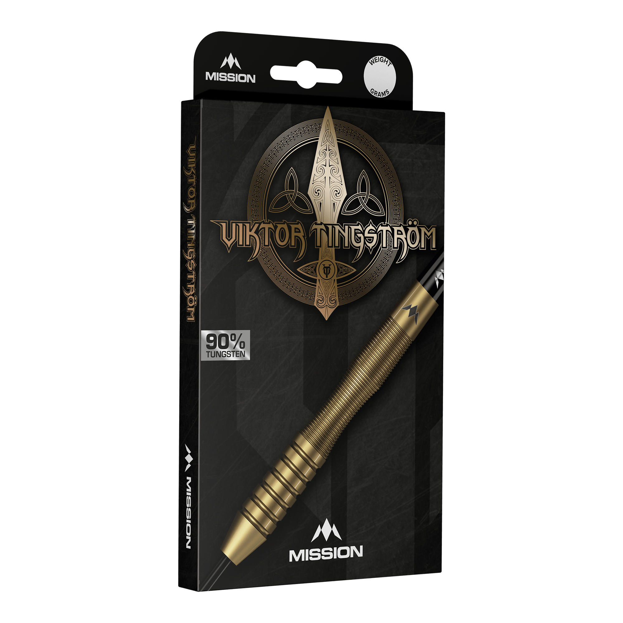Fléchettes Mission Viktor Tingstrom en acier doré - 22 g Mission Viktor Tingstrom Gold Steeldarts - 22g, mehrere Dartpfeile werden präsentiert. Die goldene Farbgebung und das spezielle Design sind erkennbar.