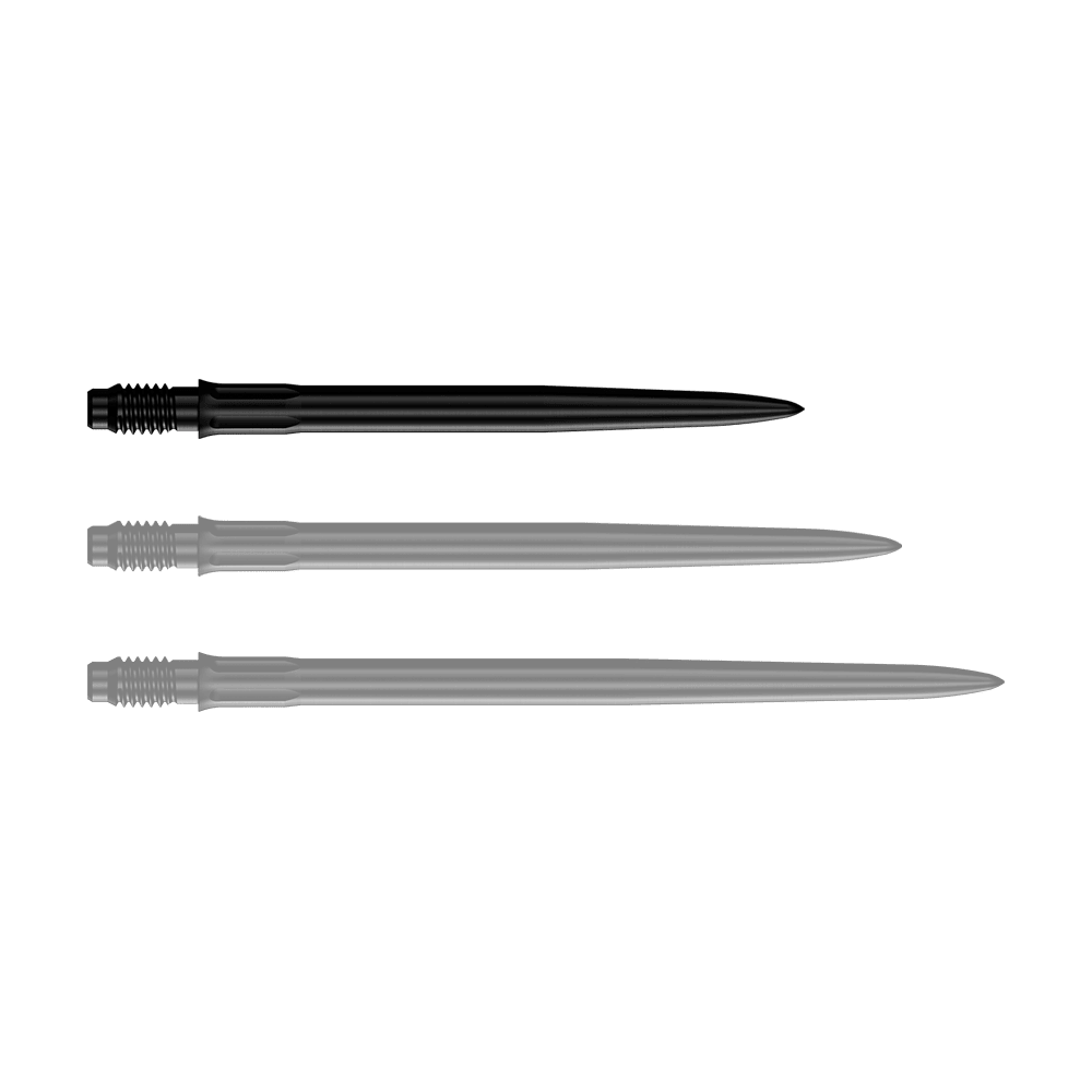 Pointes de fléchettes Mission R2.5 Rapid Point SM1 - Noires Das Bild zeigt eine einzelne schwarze Dartspitze mit einer Länge von 30 mm. Die Spitze ist für den Einsatz in Darts gedacht.
