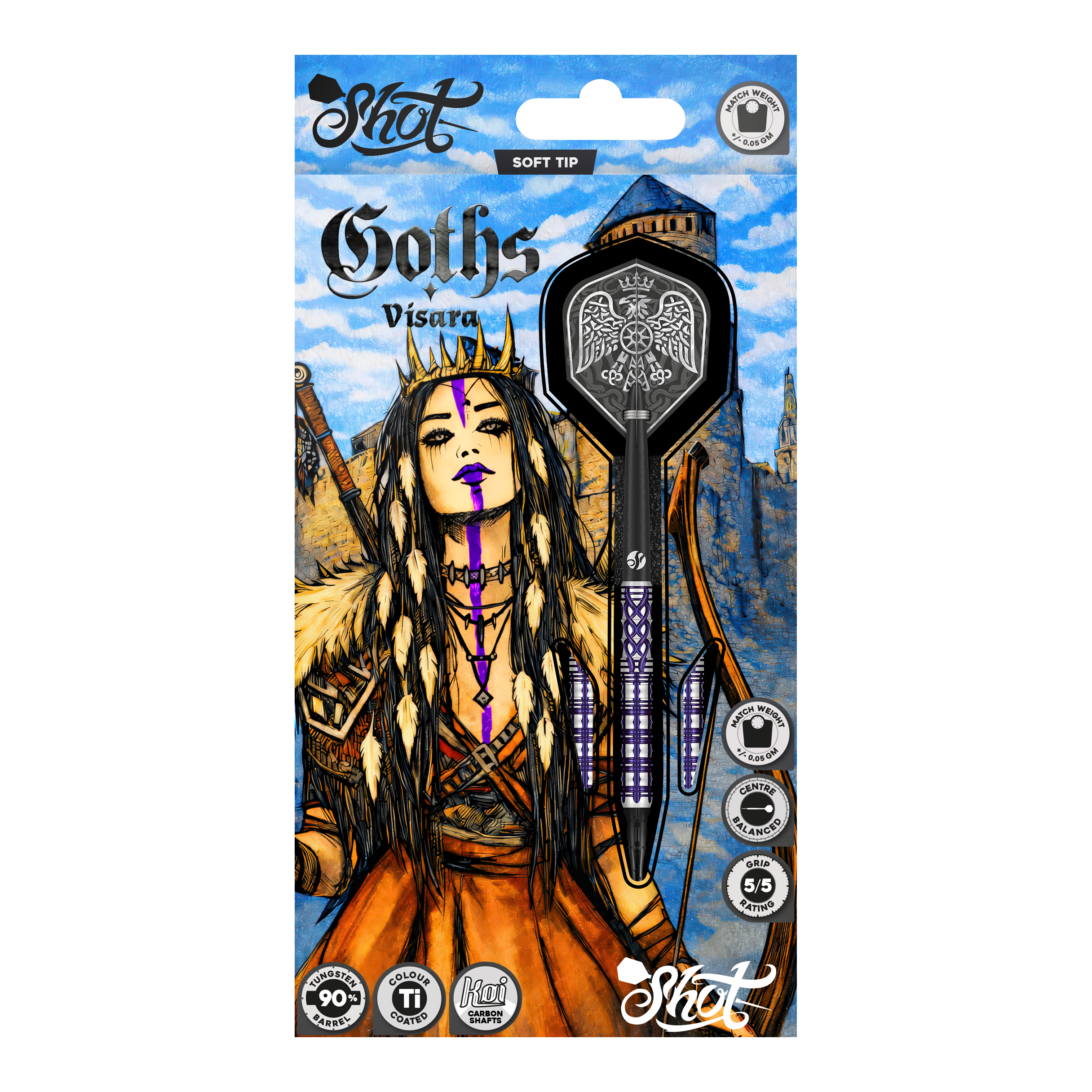 Fléchettes souples Shot Goths Visara - 20 g Hier sieht man die Shot Goths Visara Softdarts - 20g. Diese hochwertigen Softdarts sind speziell für den Freizeitsport entworfen.