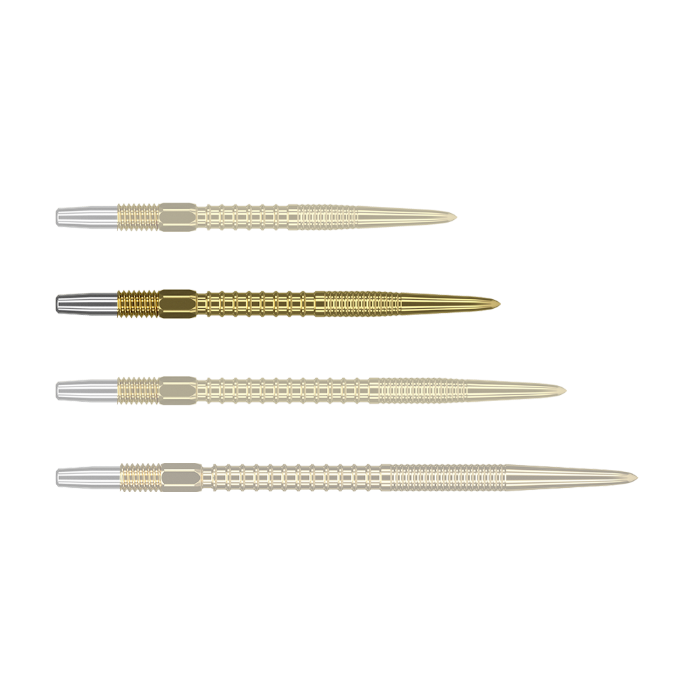 Pointes de fléchettes Target Swiss Firepoint Gold Das Bild zeigt vier goldfarbene Dartspitzen, die nebeneinander liegen. Die Spitzen haben einen silbernen Ansatz und eine gerillte Struktur.