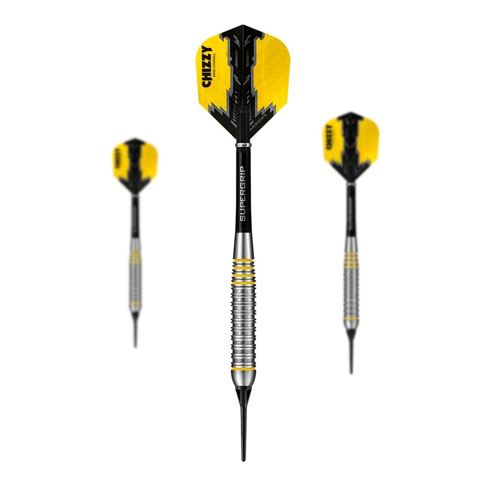 Fléchettes souples en laiton Chizzy Brass de Dave Chisnall, Harrow Das Bild zeigt drei Harrows Dave Chisnall Chizzy Brass Softdarts. Die Pfeile haben gelb-schwarze Flights und einen geriffelten silbernen Barrel.