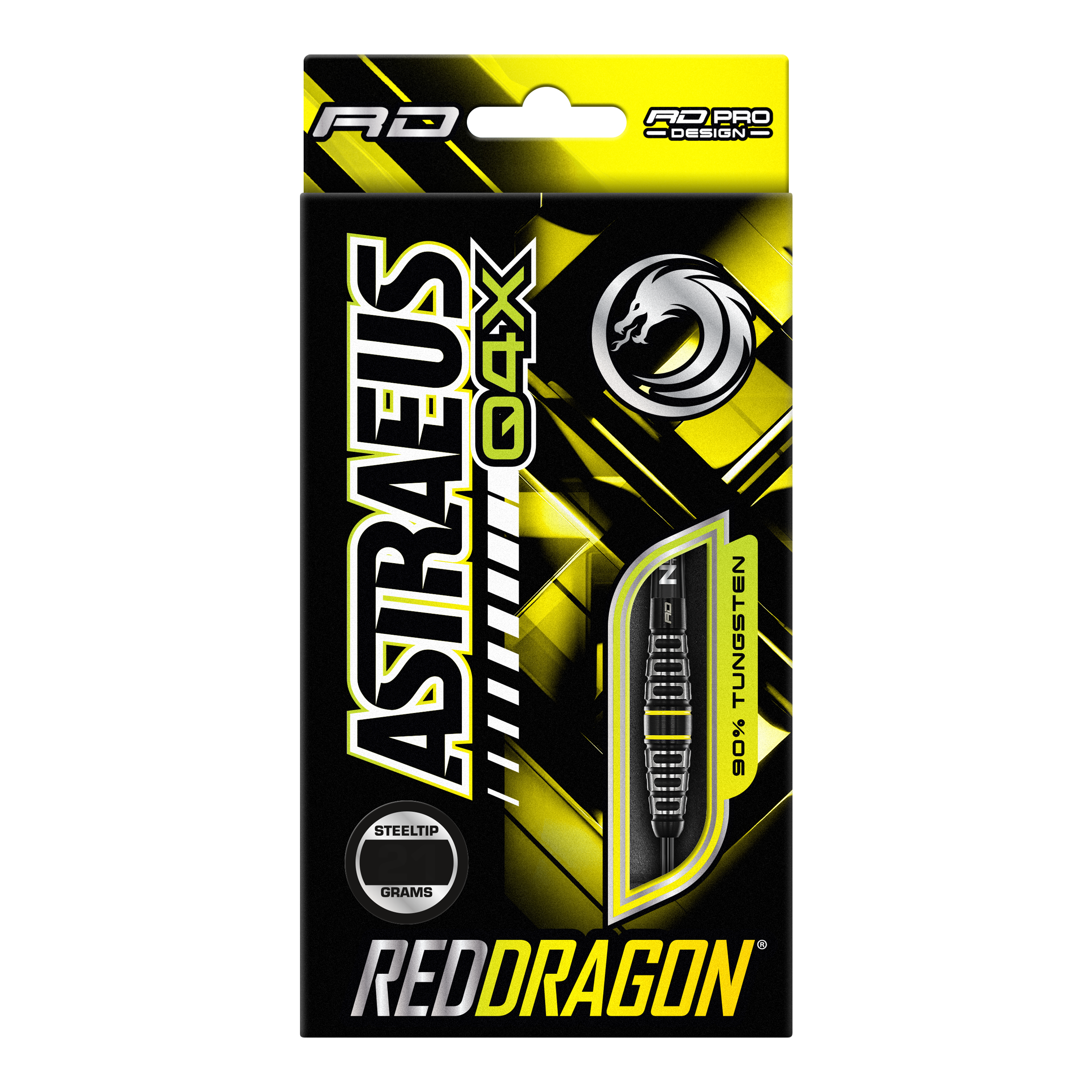 Fléchettes en acier Red Dragon Astraeus Q4X Torpedo Die Abbildung zeigt die Verpackung der "Red Dragon Astraeus Q4X Torpedo Steeldarts". Das Design ist überwiegend schwarz und gelb, mit auffälligem Markenschriftzug und einer sichtbaren Abbildung eines Darts.