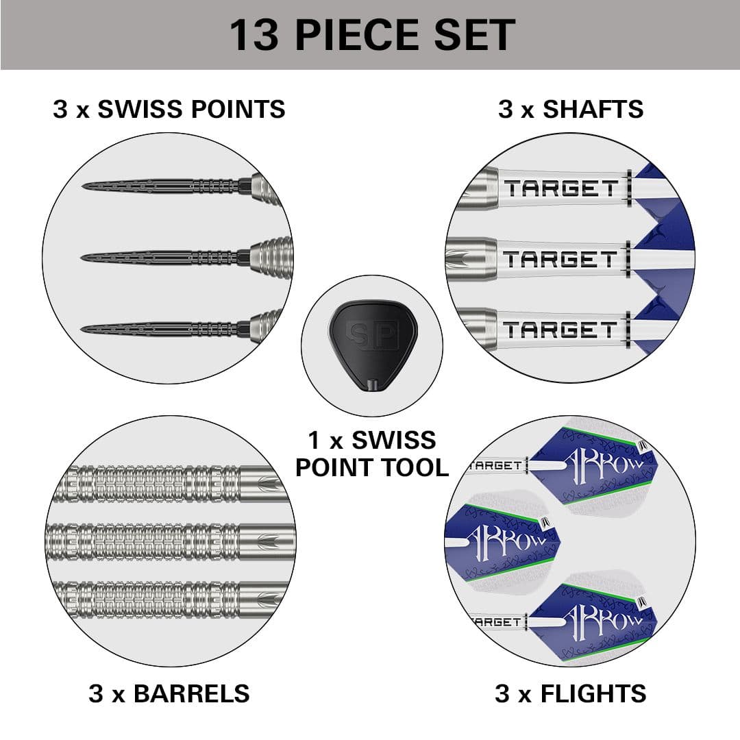 Fléchettes en acier Target Shane McGuirk GEN1 Swiss Point - 23 g Das Bild zeigt ein 13-teiliges Set des Produkts „Target Shane McGuirk GEN1 Swiss Point Steeldarts - 23g“. Enthalten sind 3 Swiss Points, 3 Shafts, 3 Barrels, 3 Flights und 1 Swiss Point Tool.