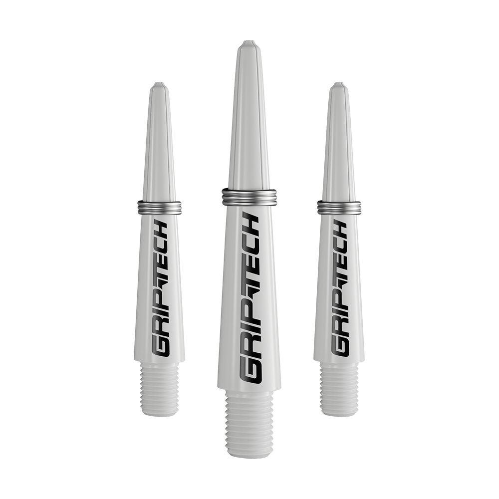 Tiges GOAT Griptech - Blanches Das Bild zeigt drei silberne Dartschäfte mit der Aufschrift "GRIPTECH". Sie sind aus Kunststoff und haben ein Schraubgewinde am unteren Ende.