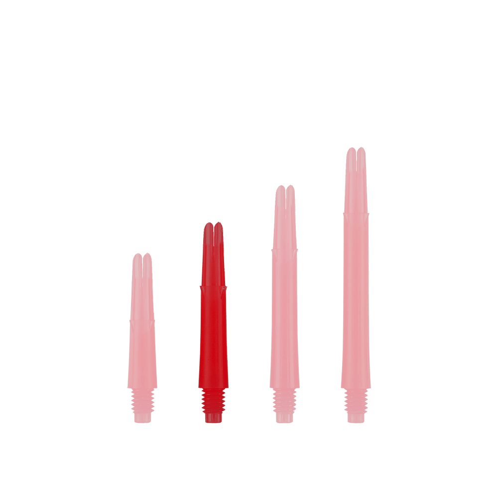 Arbres en L verrouillés droits - Rouge Auf dem Bild sind vier rote, gerade Dartschäfte in unterschiedlichen Längen zu sehen. Sie stehen nebeneinander aufrecht vor einem weißen Hintergrund.