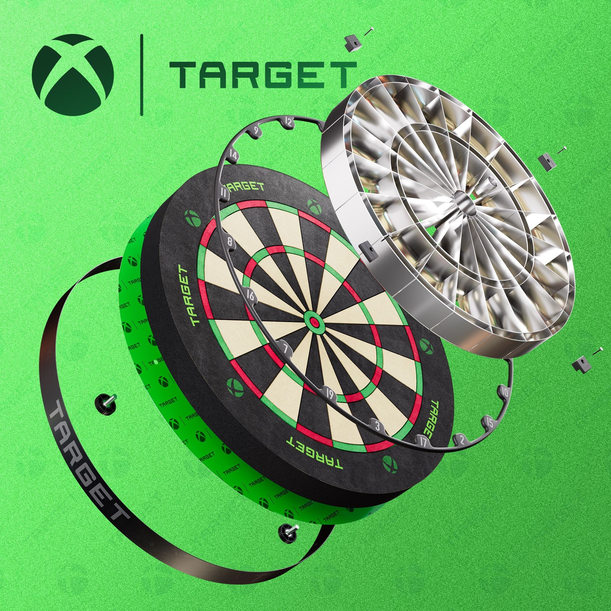 Zu sehen ist das Target Xbox Dartboard Surround Bundle. Es bietet Zubehör für Dartbegeisterte.