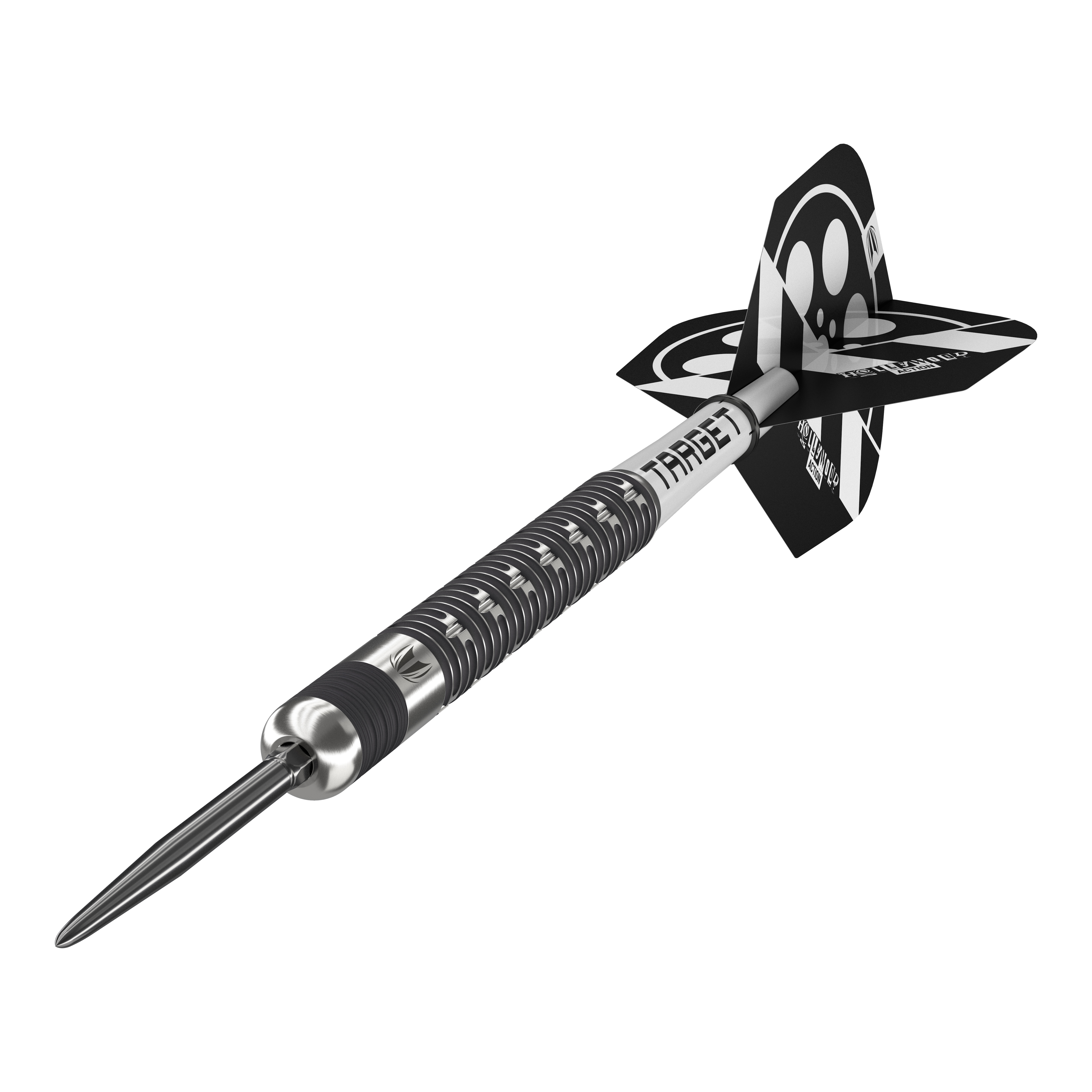 Target Chris Dobey Hollywood Action Swiss Point Steeldarts Auf dem Bild ist der Target Chris Dobey Hollywood Action Swiss Point Steeldart zu sehen. Der Dartpfeil hat ein modernes, schwarzes und silbernes Design mit auffälligen Flights.