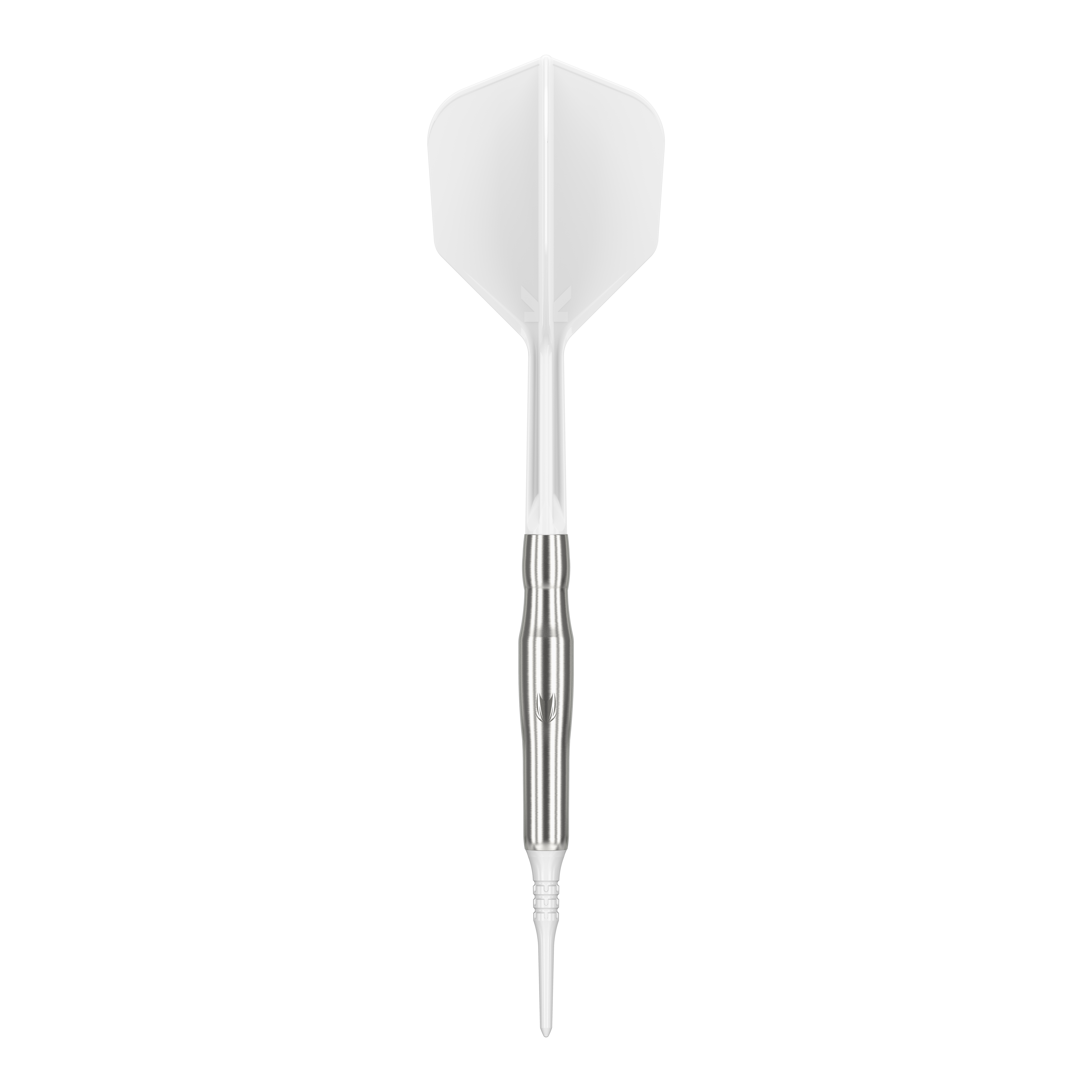 Fléchettes souples Target Japan Crux Brave - 18,5 g Das Bild zeigt einen weißen Softdart mit silbernem Schaft. Es handelt sich um das Produkt "Target Japan Crux Brave Softdarts - 18,5g".