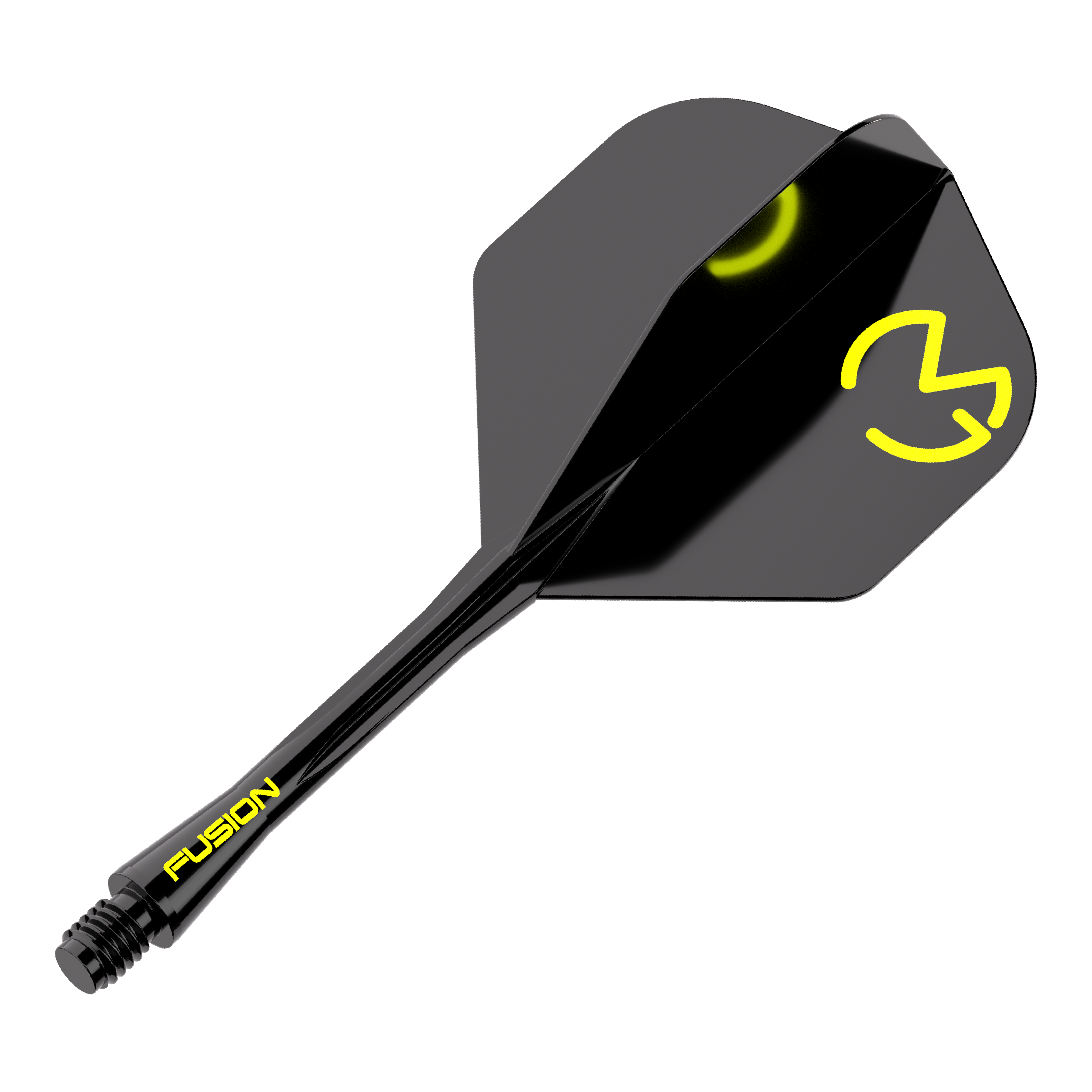 Système d'arbre de vol Winmau Fusion Michael Van Gerwen Pacman No2 Standard Das Bild zeigt das Winmau Fusion Flight-Shaft-System Michael Van Gerwen Pacman No2 Standard. Es ist schwarz mit gelben Akzenten und dem Logo auf dem Flight.