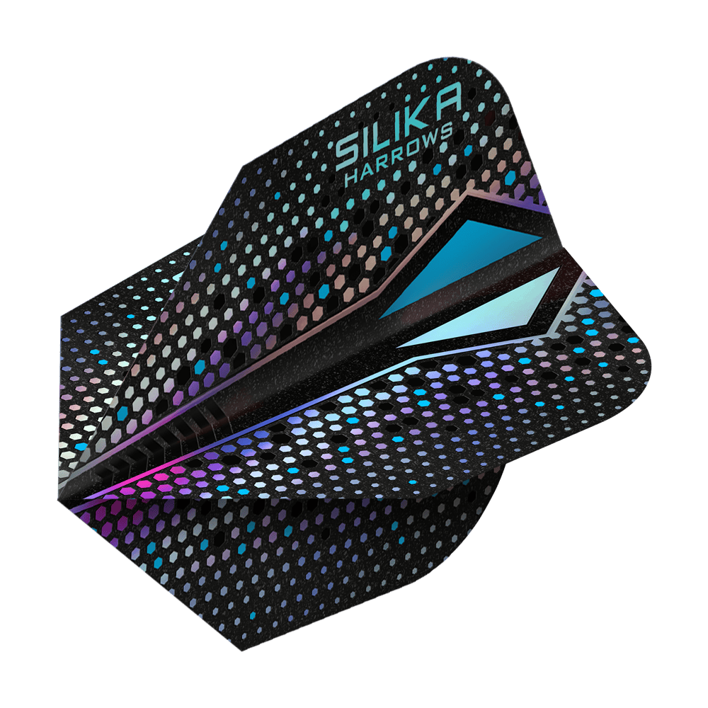 Harrows Silika Colourshift Revêtement cristallin résistant Argent-X No6 Vols Dies ist ein Dartflight der Marke Harrows mit dem Namen „Silika Colourshift Tough Crystalline Coating Silver-X No6“. Das Design zeigt eine schwarze Oberfläche mit schimmernden, bunten Sechsecken und blauen Akzenten.