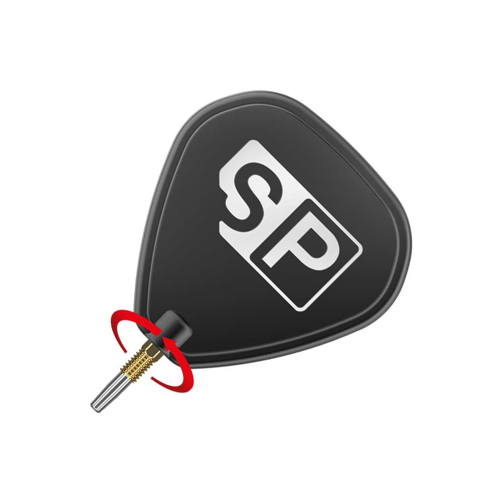 Pointes de fléchettes Target Swiss Diamond Pro Gold Das Bild zeigt eine schwarze Dartspitze mit goldfarbenem Gewinde und der Aufschrift „SP“. Ein roter Pfeil illustriert die Drehbewegung zum Befestigen oder Lösen der Spitze.