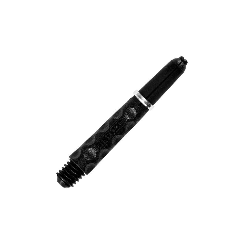 Das Bild zeigt den Harrows Dimplex Shaft in Schwarz. Der Schaft hat eine strukturierte Oberfläche mit runden Vertiefungen für besseren Halt.
