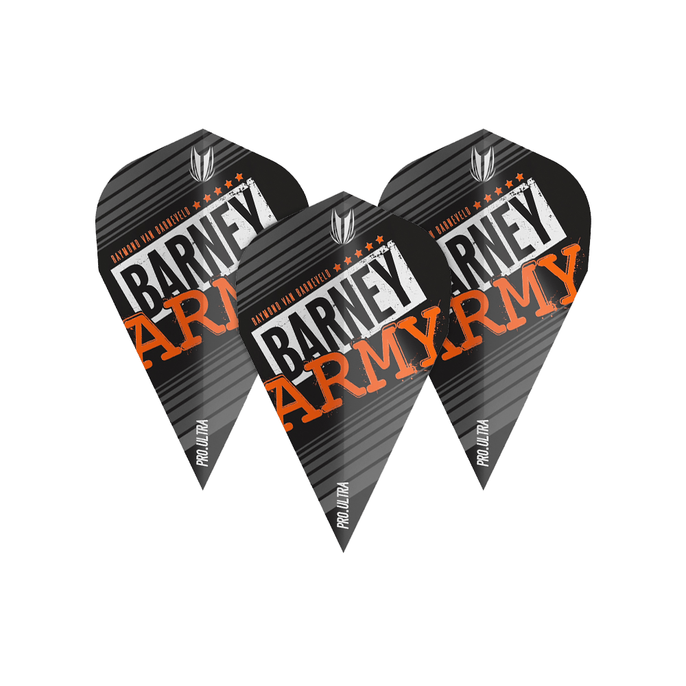 TG65_334350_Target_ProUltra_Barney_Army_Black_Vapor_Flights_1OAqgF28riGopN Das Bild zeigt drei schwarze Dart-Flights mit der Aufschrift "Barney Army" in weißer und orangefarbener Schrift. Auf den Flights steht außerdem "Pro Ultra" und sie haben ein Streifendesign.