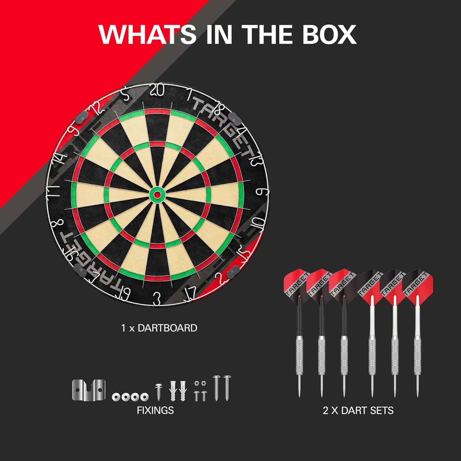 Ensemble de fléchettes en acier Target Rift Das Foto zeigt das Target Rift Steeldartboard Set. Es ist ein komplettes Dartset mit Steeldartboard.