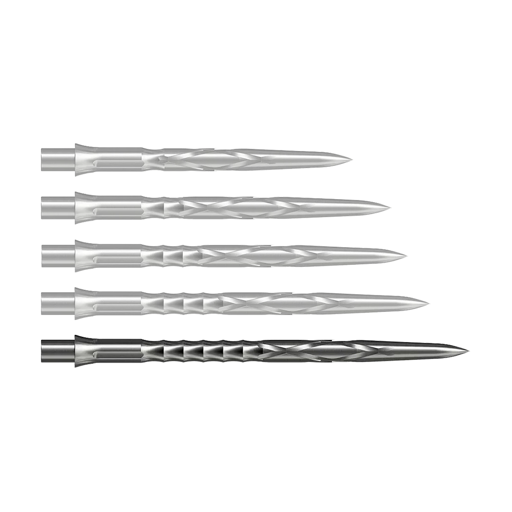 Pointes de fléchettes en acier Caliburn System - HAN G2 - Argent Zu sehen ist eine silberne Caliburn Evo System Steeldartspitze, 40mm lang. Dieses Produkt ist robust und für Dartspiele gedacht.