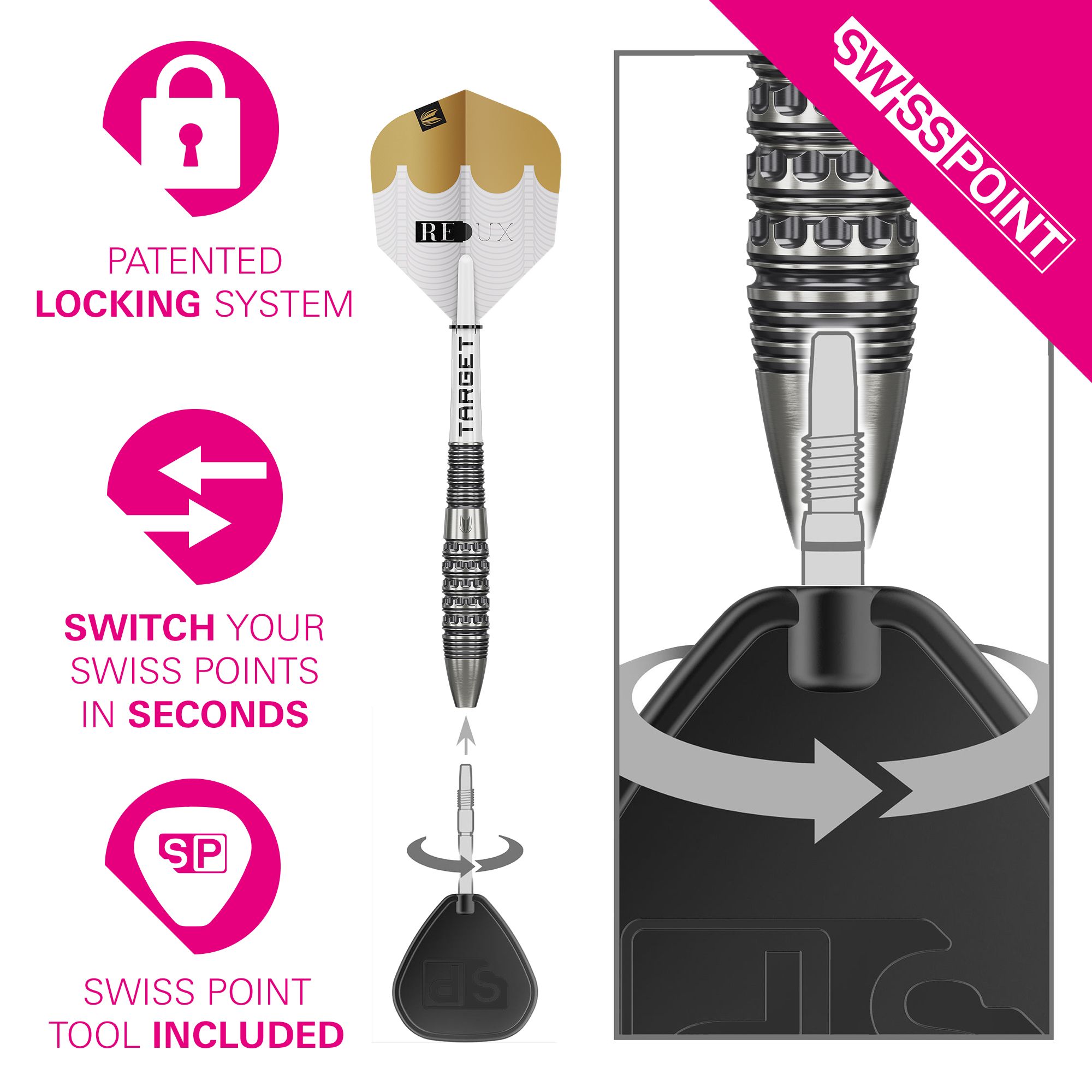 Fléchettes en acier Target Redux 02 Swiss Point Die Abbildung zeigt die Target Redux 02 Swiss Point Steeldarts. Es handelt sich um hochwertige Steeldarts für präzise Würfe.