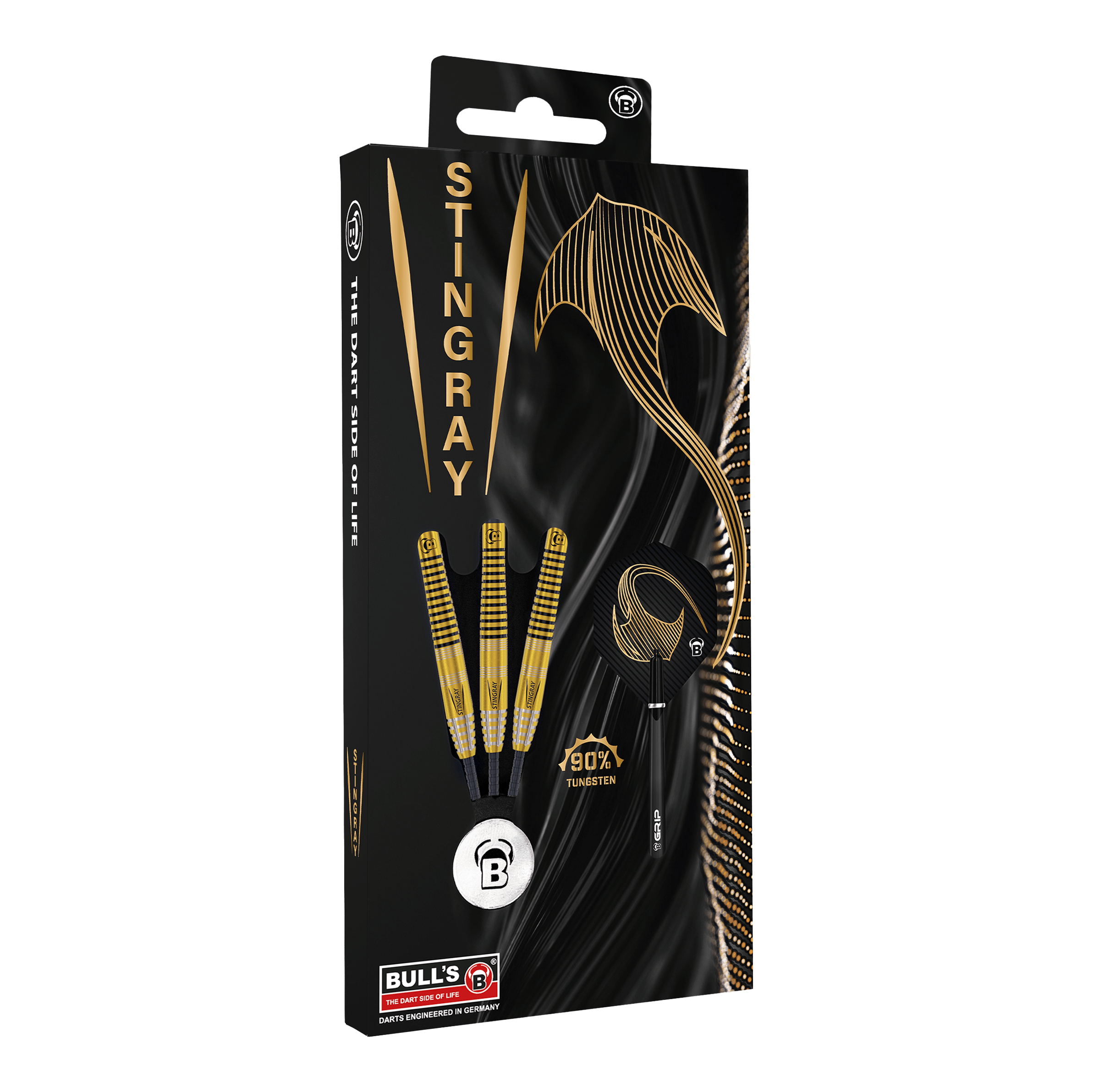 Fléchettes en acier Bulls Stingray ST3 Die Verpackung zeigt die Bulls Stingray ST3 Steeldarts mit einem stilvollen schwarzen und goldenen Design. Auf der Packung ist auch ein goldener Stachelrochen sowie der Hinweis "90% Tungsten" abgebildet.