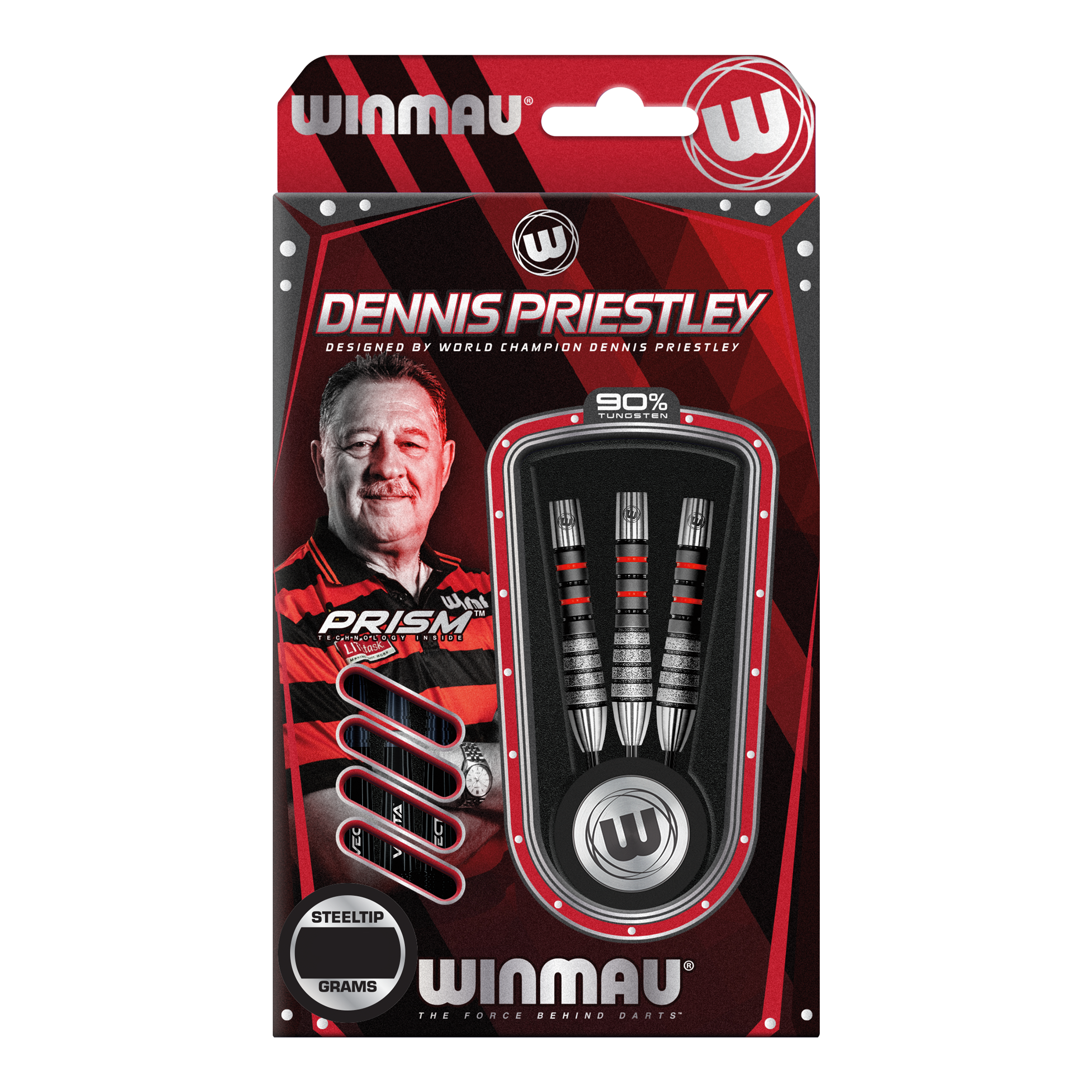 Fléchettes en acier Winmau Dennis Priestley Diamond 3-Zero Das Bild zeigt die Verpackung der Winmau Dennis Priestley Diamond 3-Zero Steeldarts. In der Packung sind drei hochwertige Steeldarts aus 90% Tungsten zu sehen.