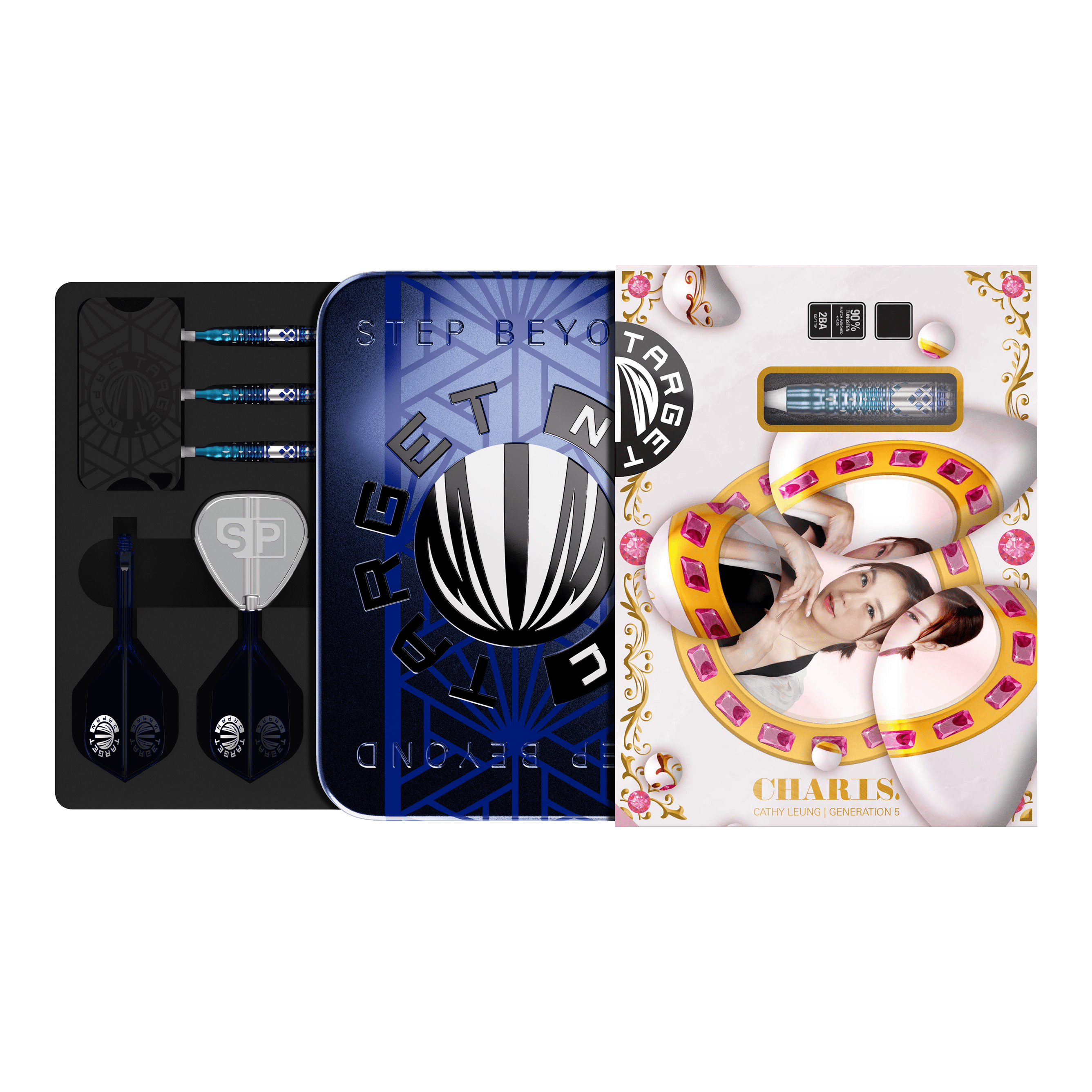 Fléchettes souples Target Japan Cathy Leung Charis GEN5 - 19 g Das Bild zeigt das Produkt "Target Japan Cathy Leung Charis GEN5 Softdarts - 19g" in einer dekorativen Verpackung. Im Inneren sind die Darts, Flights und weiteres Zubehör ordentlich angeordnet.