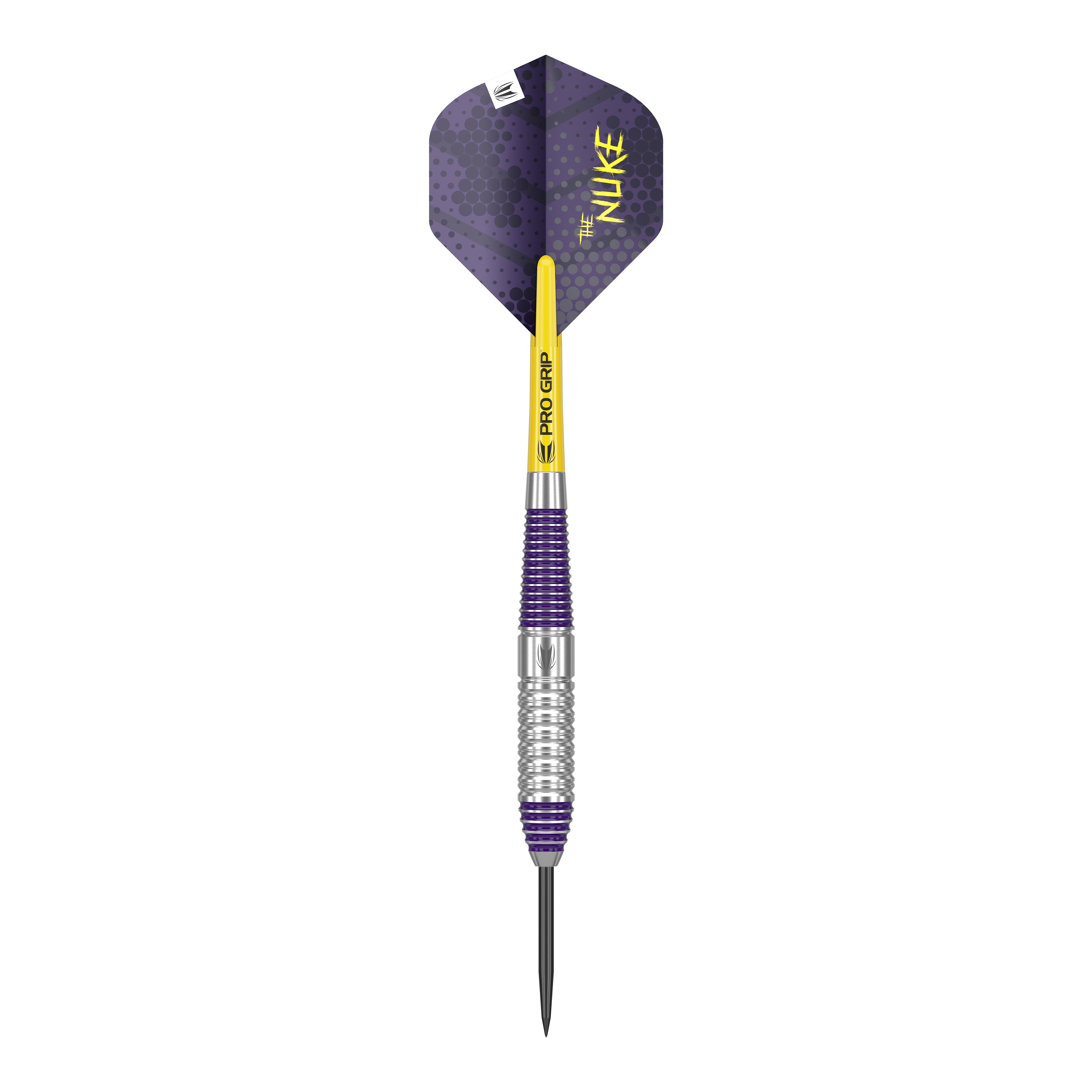 Fléchettes en acier Target Luke Littler en laiton - 22 g Das Bild zeigt einen Target Luke Littler Brass Steeldart mit einem Gewicht von 22g. Der Dart hat violette und silberne Elemente sowie einen gelben Schaft mit der Aufschrift „PRO GRIP“.