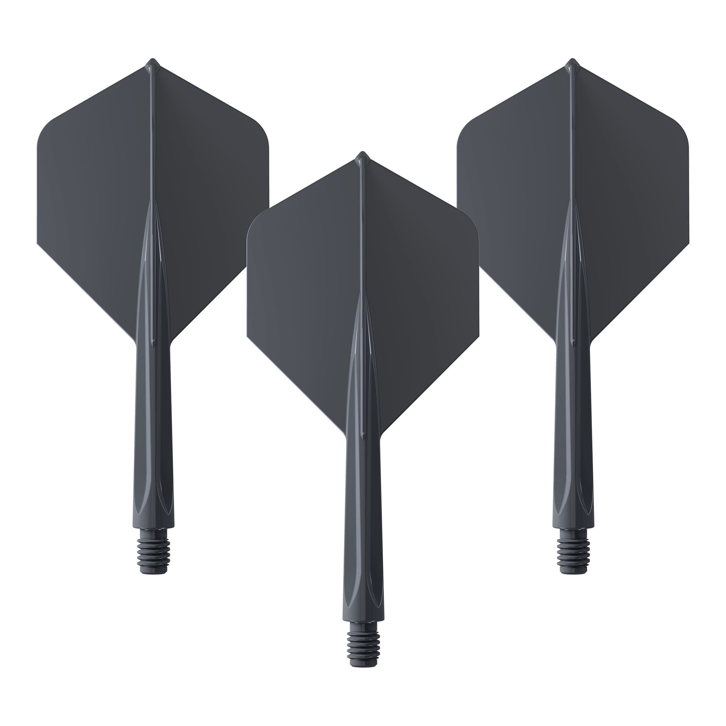 Ailettes standard Unicorn Forge All In One Plus No2, noires - Moyennes Das Bild zeigt drei schwarze Dartflights mit integriertem Schaft in mittlerer Größe. Es handelt sich um das Produkt "Unicorn Forge All In One Plus No2 Standard Flights Schwarz - Medium".