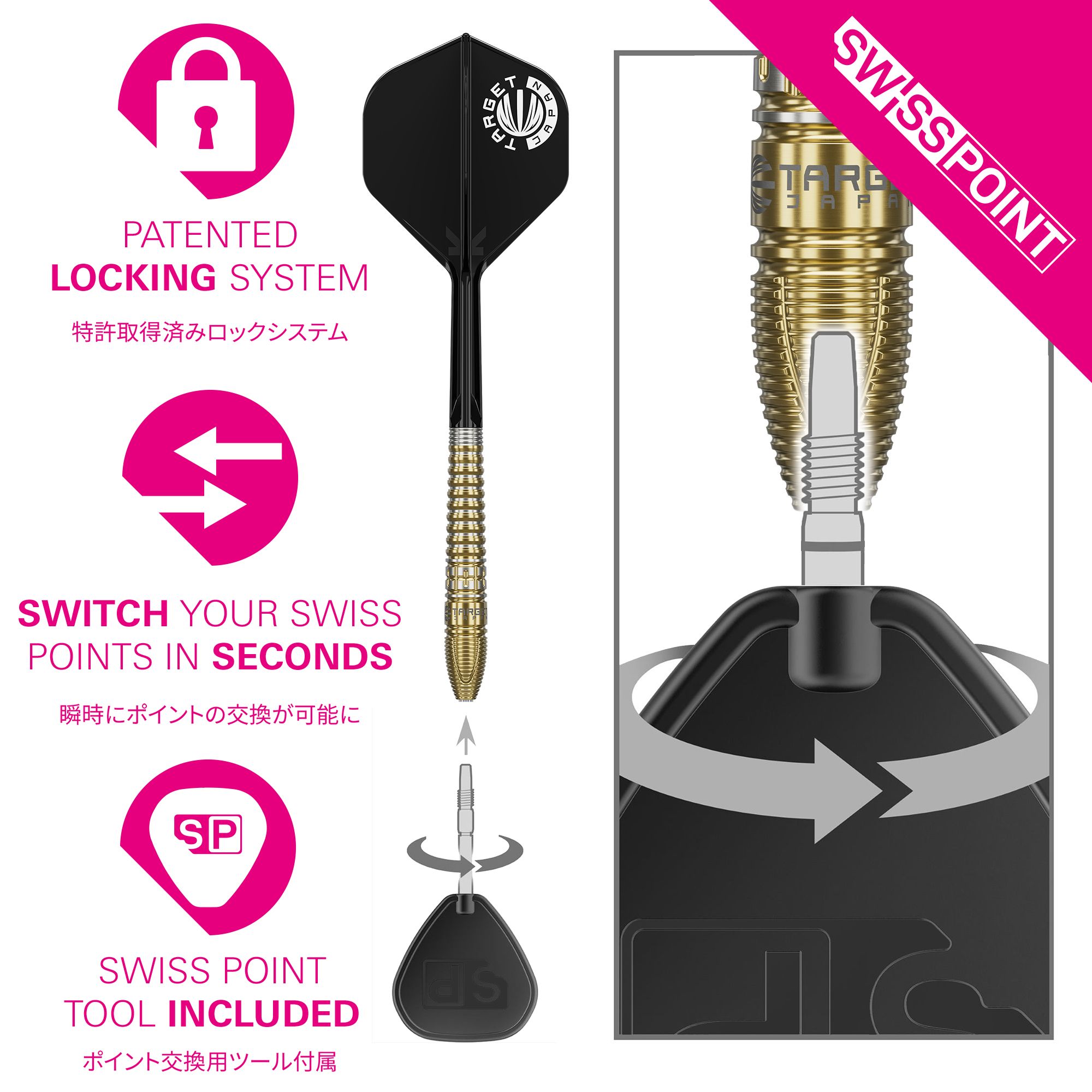Target Japan Prime Series Harith Lim HotShot GEN3 Fléchettes en acier à pointe suisse Das Bild zeigt die Target Japan Prime Series Harith Lim HotShot GEN3 Swiss Point Steeldarts. Es handelt sich um hochwertige Steeldarts für präzises Dartspiel.