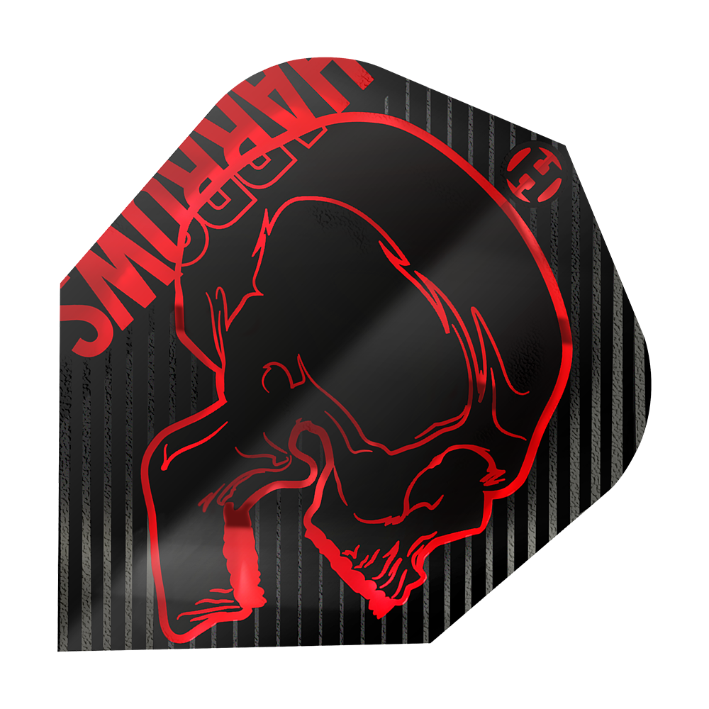 Vols Harrows Rage Rouge No6 Das Bild zeigt ein Dartflight mit dem Namen "Harrows Rage Red No6 Flights". Das Flight ist schwarz mit roten Streifen und einem roten Totenkopf-Design.