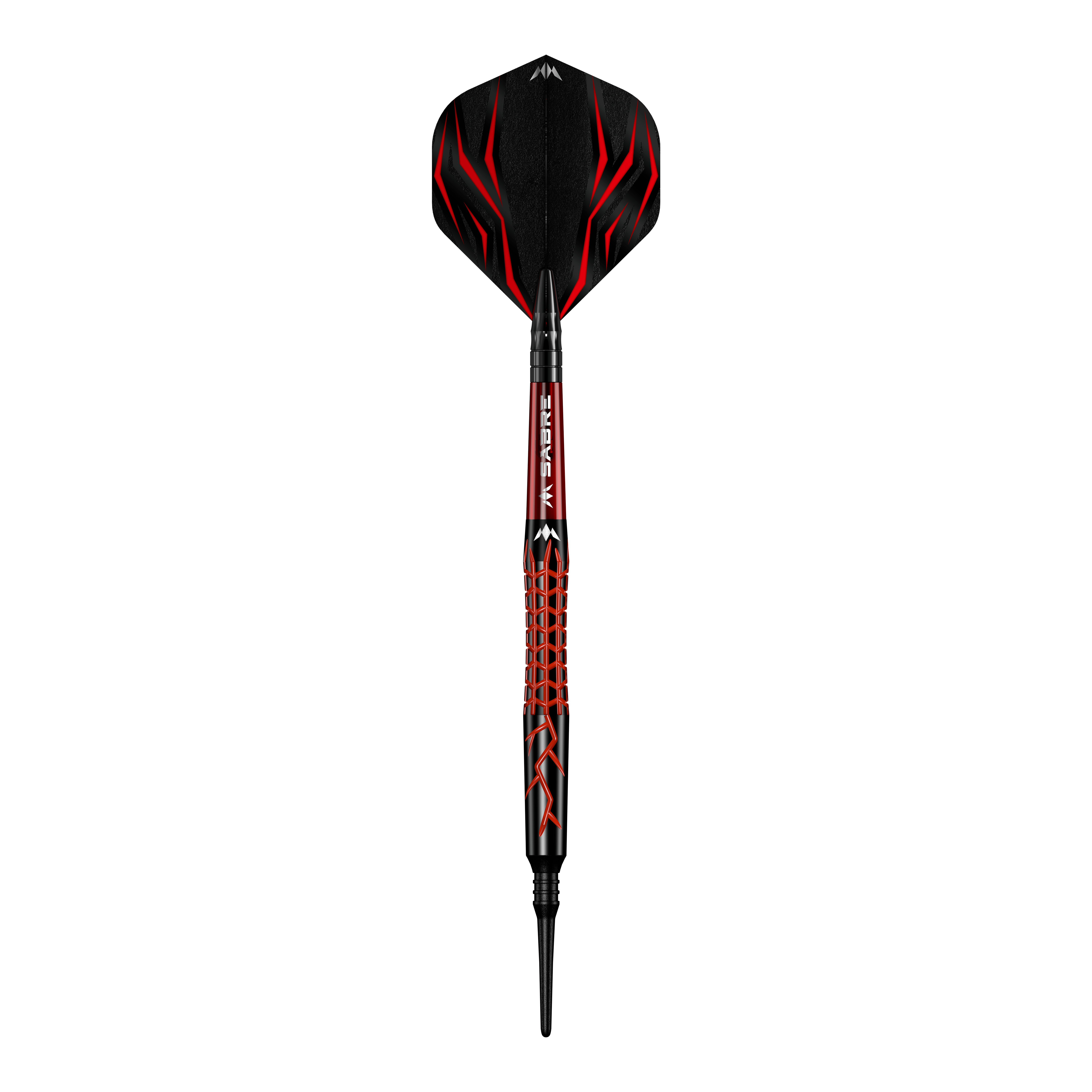 Fléchettes en mousse Mission Lava - 20 g Dies ist der Mission Lava Softdart mit einem Gewicht von 20 Gramm. Er hat ein auffälliges Design in Schwarz und Rot mit roten Flammenmustern.