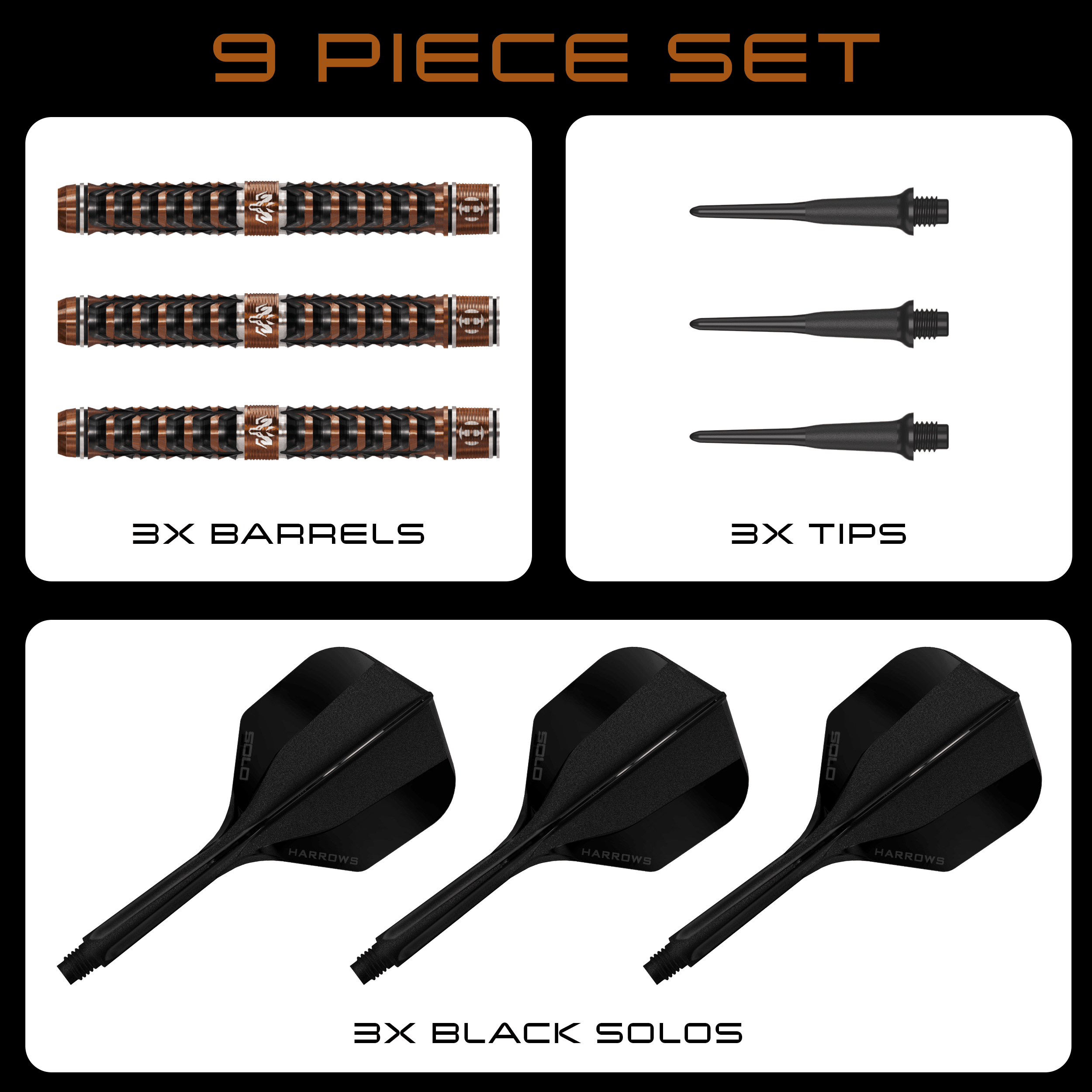 Fléchettes souples Harrows Tungsten Trinity Abgebildet ist das Produkt Harrows Wolfram Trinity Softdarts. Die Darts sind deutlich in ihrer Struktur und Farbe erkennbar.