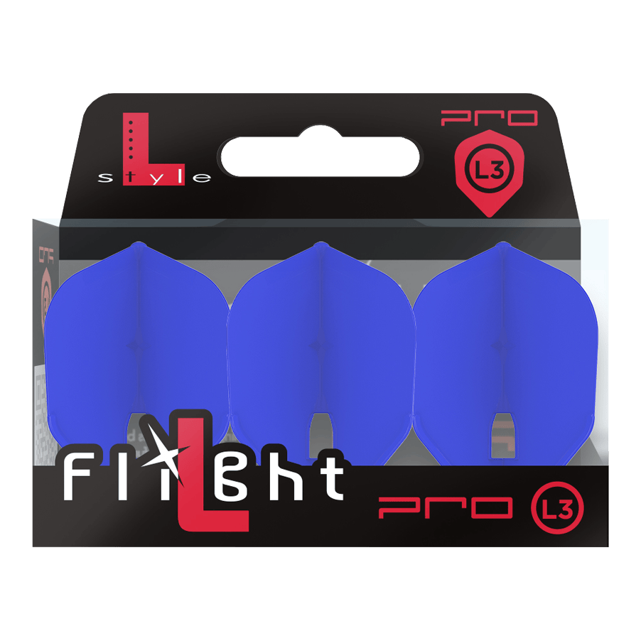 L-Style Flights Champagne - L3PRO Shape Das Bild zeigt eine Verpackung mit drei blauen Dartflights der Marke L-Style. Auf der Packung steht "Flight L Pro L3" und die Flights sind in einer durchsichtigen Box sichtbar.