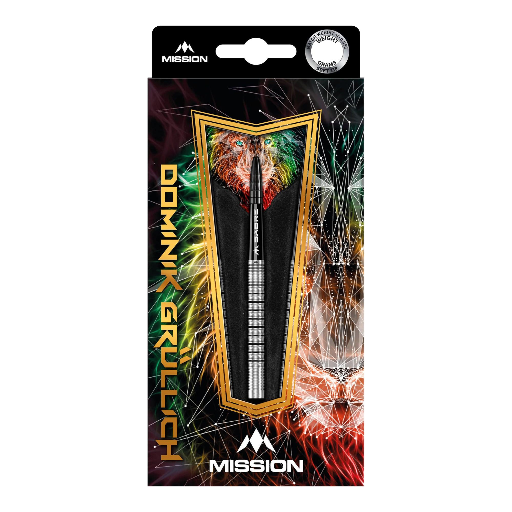 Die Abbildung zeigt die Verpackung der "Mission Dominik Grüllich Steeldarts - 23,5g". Die Verpackung ist bunt gestaltet und zeigt einen einzelnen Dartpfeil in der Mitte.