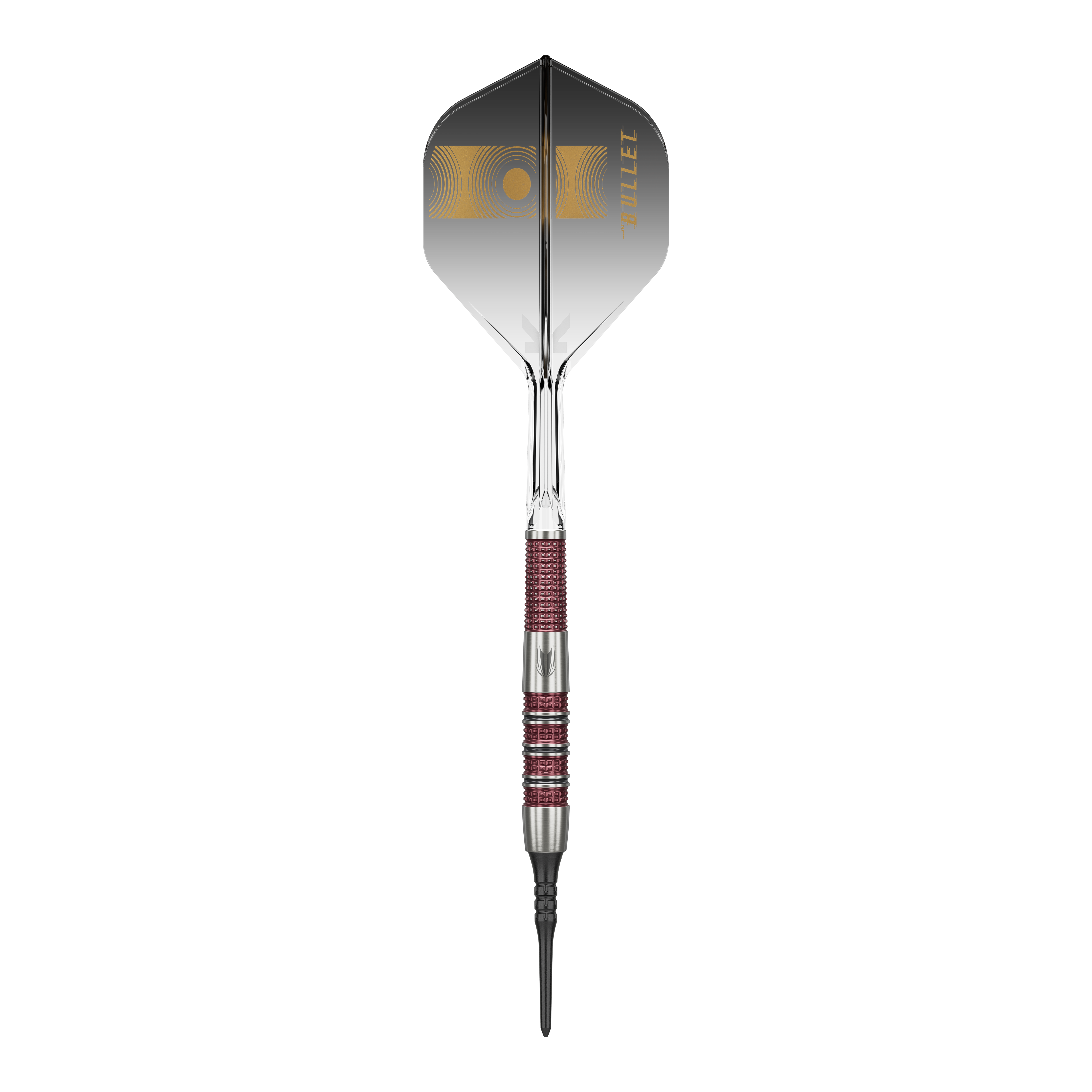 Fléchettes souples Target Stephen Bunting 95K - 19 g Das Bild zeigt einen Target Stephen Bunting 95K Softdart mit einem Gewicht von 19 Gramm. Der Dart hat ein elegantes schwarzes und silbernes Design mit roten Griffbereichen und einer schwarzen Flight mit goldenen Akzenten.