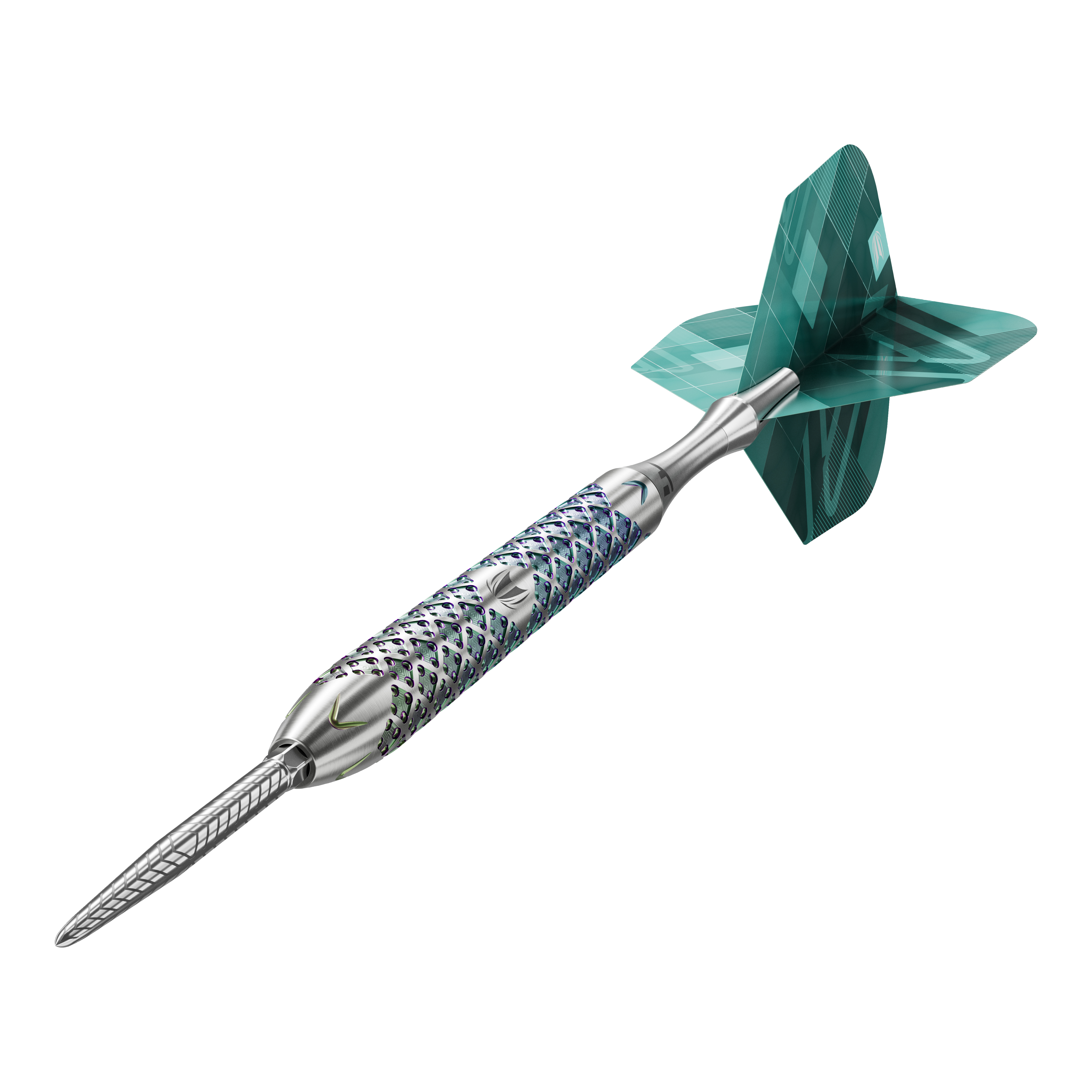 Fléchettes en acier Target Rove 03 Swiss Point Das Bild zeigt den Target Rove 03 Swiss Point Steeldart. Der Dart hat einen silbernen, strukturierten Schaft und grüne Flights.