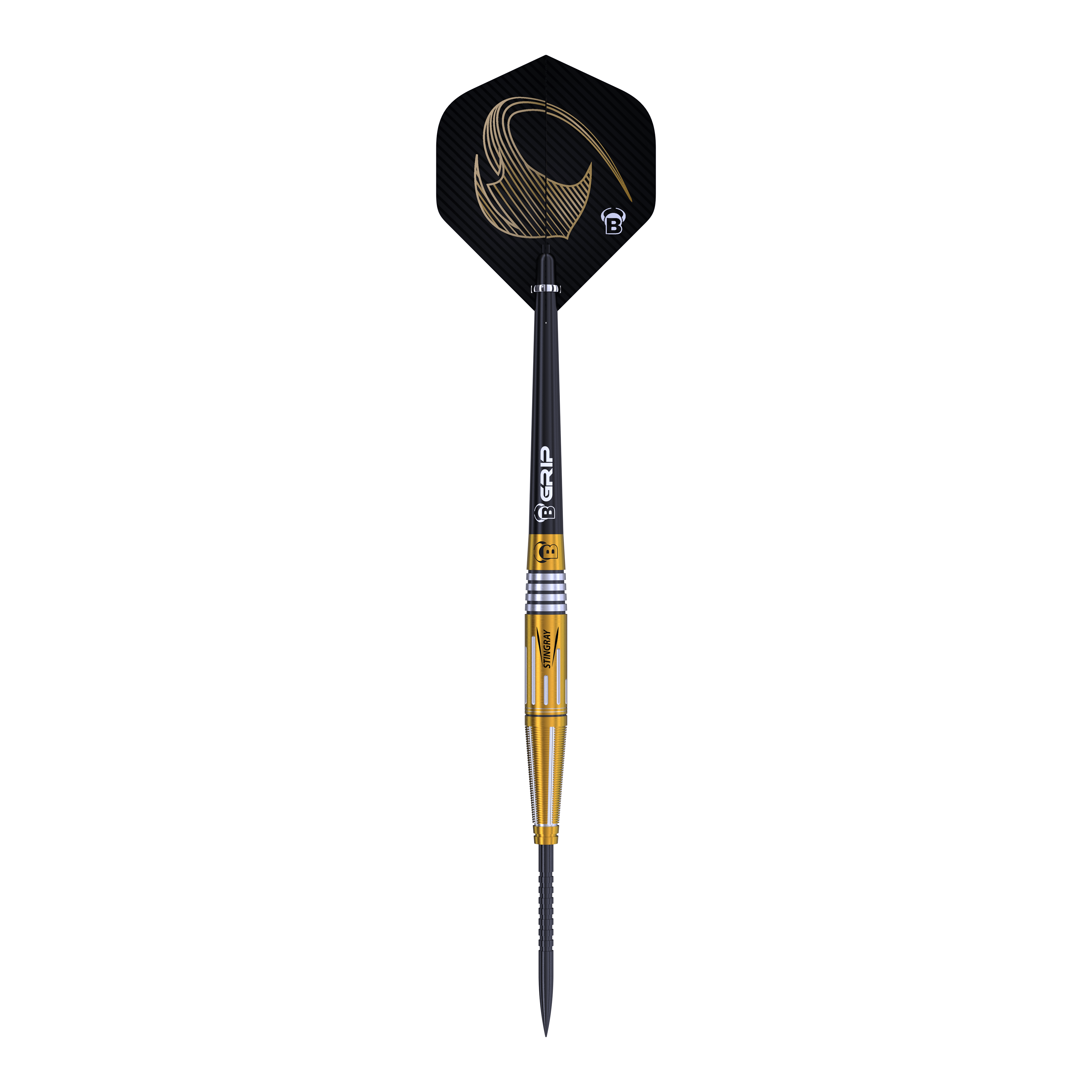 Fléchettes en acier Bulls Stingray ST4 Das Bild zeigt den Bulls Stingray ST4 Steeldart mit einem eleganten Design in Schwarz und Gold. Der Dart hat eine schlanke Form und ist mit einem auffälligen Flight ausgestattet.
