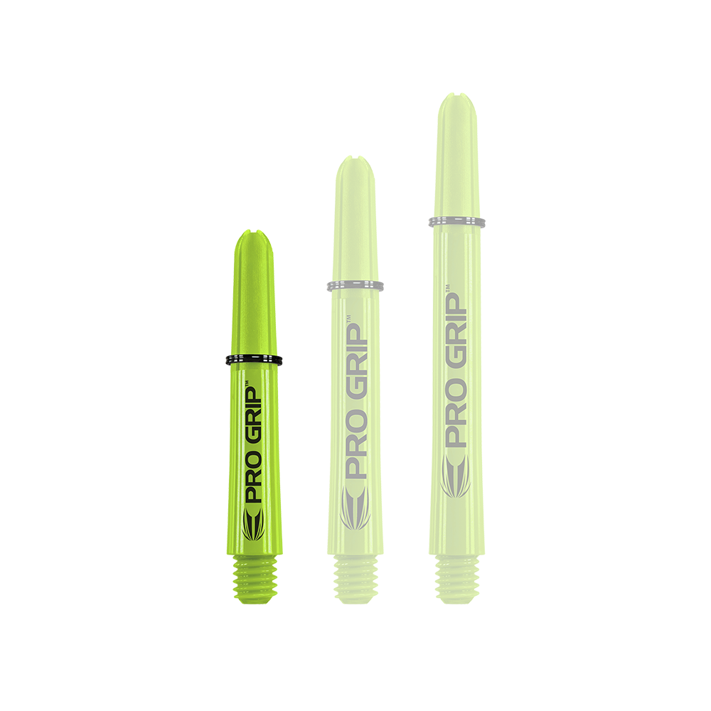 Tiges Target Pro Grip - 3 jeux - Vert citron Das Bild zeigt drei limegrüne Pro Grip Shafts in unterschiedlicher Länge. Auf jedem Schaft steht gut sichtbar der Schriftzug "PRO GRIP".