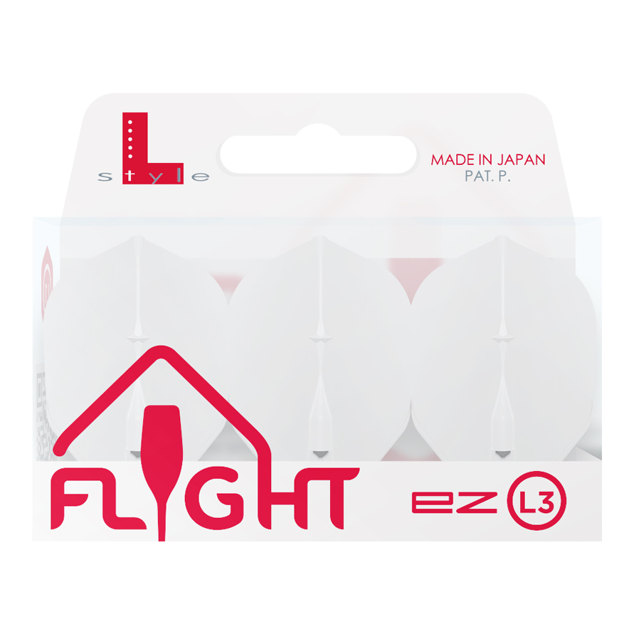 Vols L-L-Style3EZ Auf dem Bild ist eine Verpackung von L-Style Flights für Darts zu sehen. Die Verpackung ist weiß und enthält drei Flights des Typs EZ L3, hergestellt in Japan.