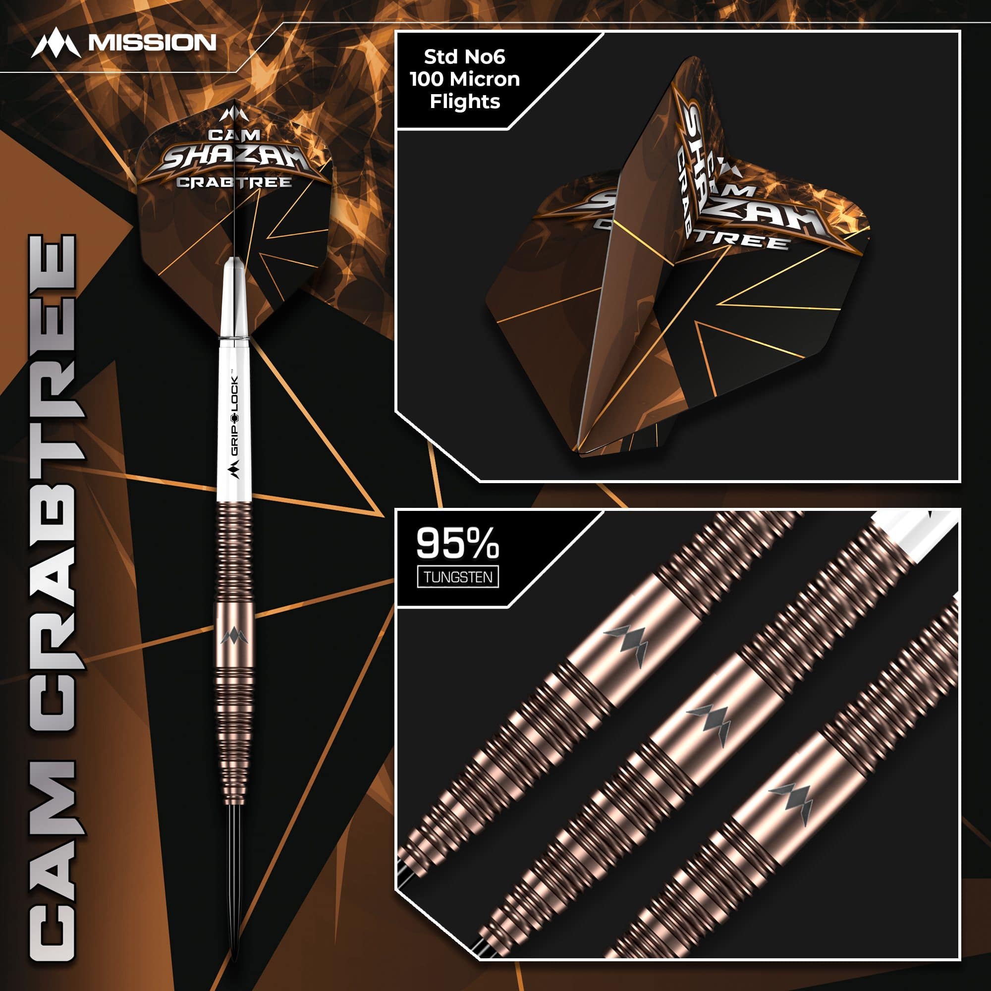Fléchettes Mission Cam Crabtree V2 en acier tungstène à 95 % Abgebildet ist die Mission Cam Crabtree V2 Steeldarts, Modell 2. Fokus liegt auf einem einzelnen Dartpfeil aus dem Set.