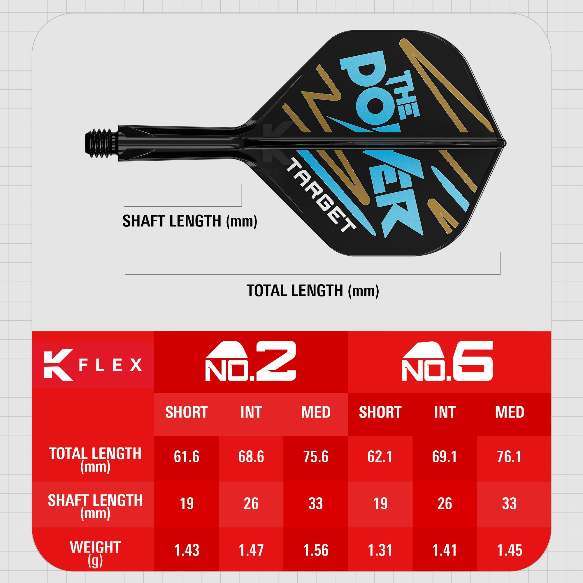 Système de flèche standard Target K-Flex Phil Taylor n° 2 Das Bild zeigt das Produkt „Target K-Flex Phil Taylor No2 Standard Flights“ mit einer grafischen Darstellung und Maßen. Unten sind Tabellen mit Längen- und Gewichtsangaben für verschiedene Größen des Produkts abgebildet.