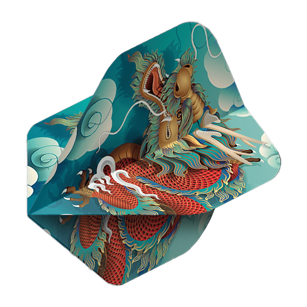 Pentathlon Vols Dragon Das Bild zeigt ein Dartflight mit einem farbenfrohen Drachenmotiv auf blauem Hintergrund. Es handelt sich um das Produkt "Pentathlon Dragon 5 Standard Flights".